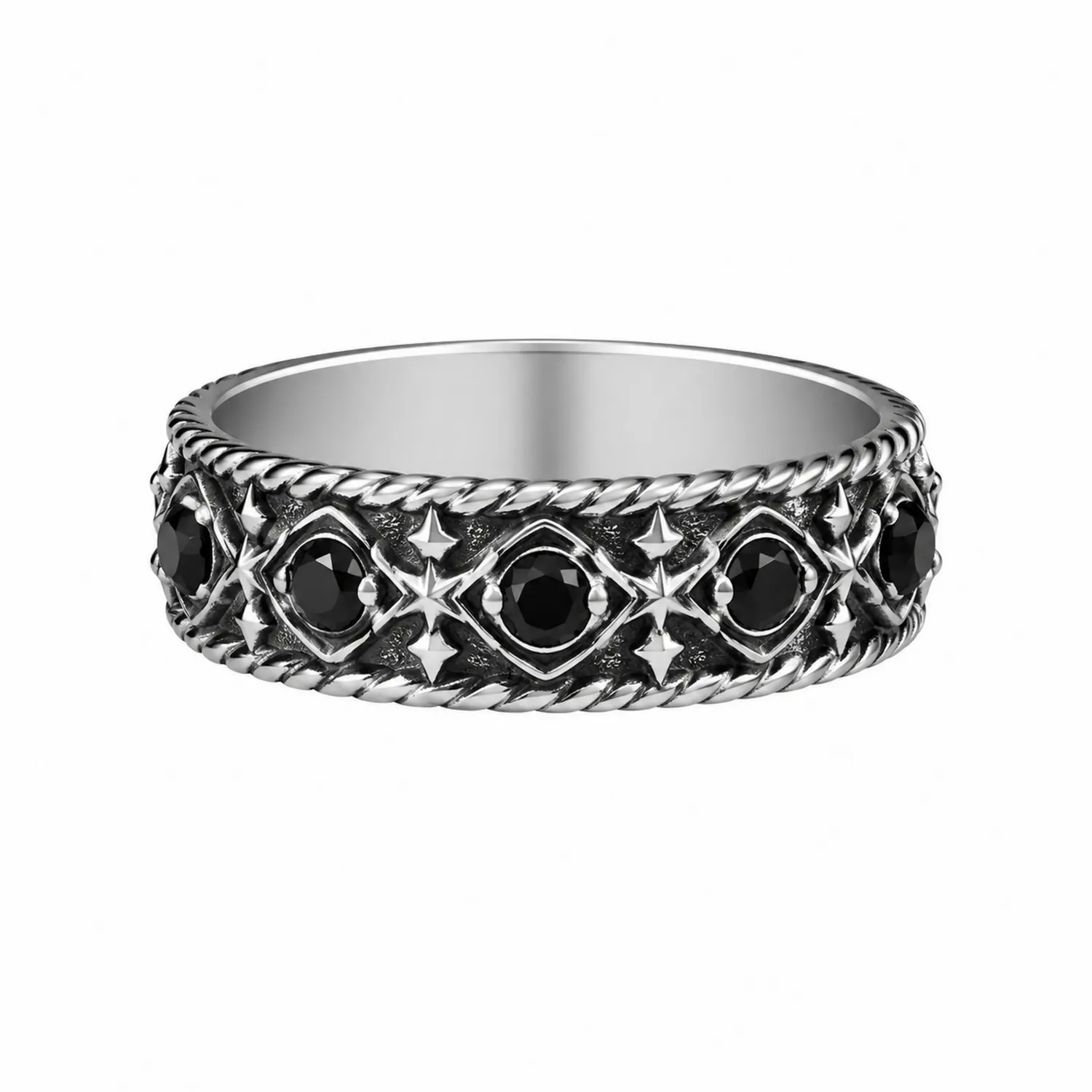Silberner Gothic-Ring mit schwarzen Steinen, 8 mm Breite-Novtidorix