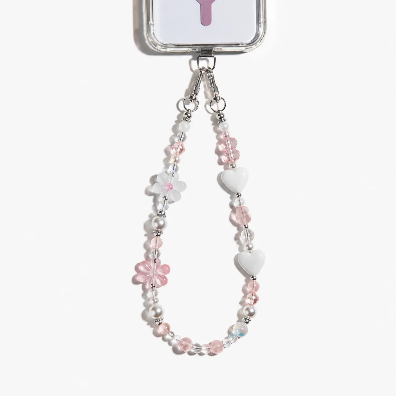 Handykette mit Perlen Herzen und Blumen Rosa Weiß-Novtidorix