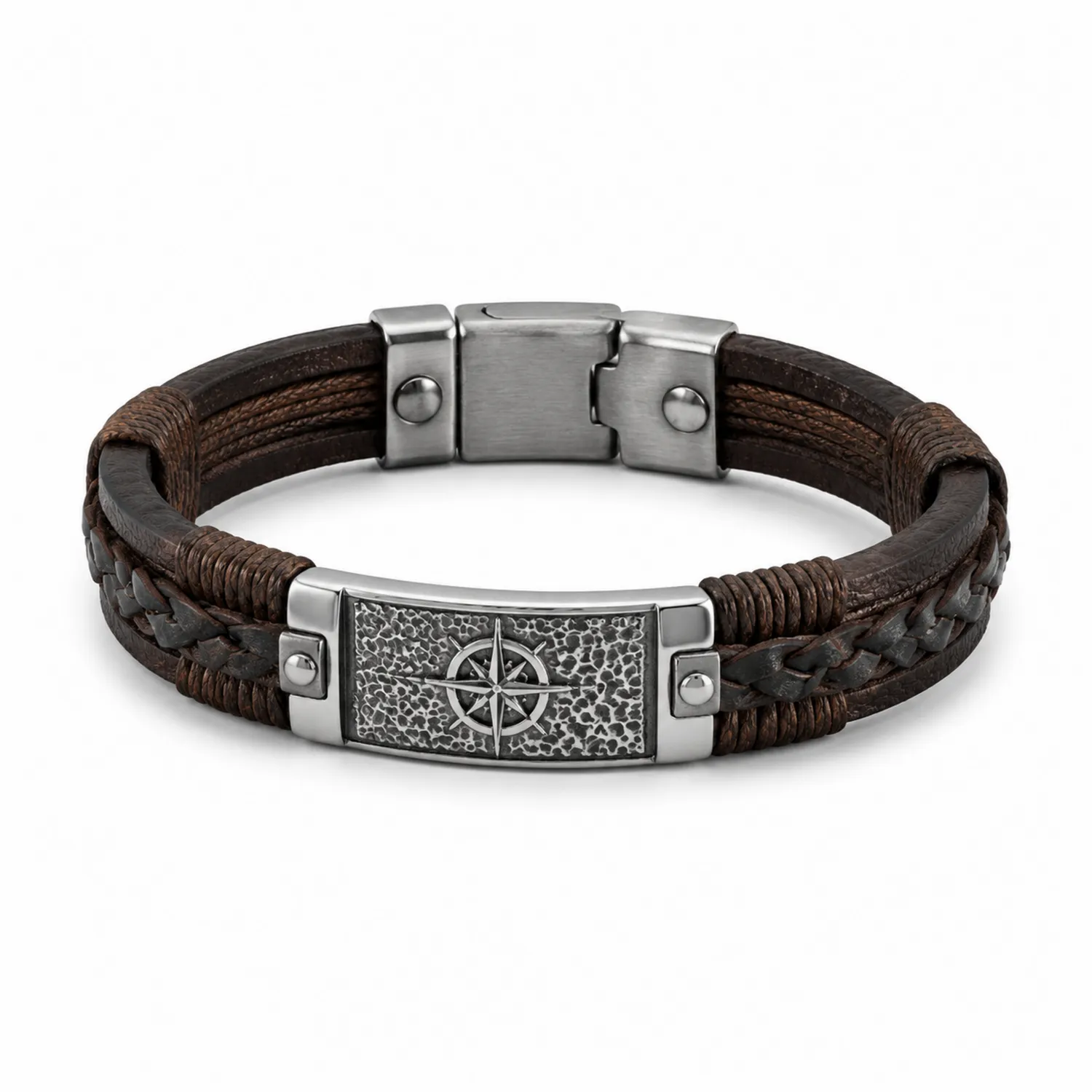 Herren Lederarmband mit Kompassmotiv Braun Silber-Novtidorix