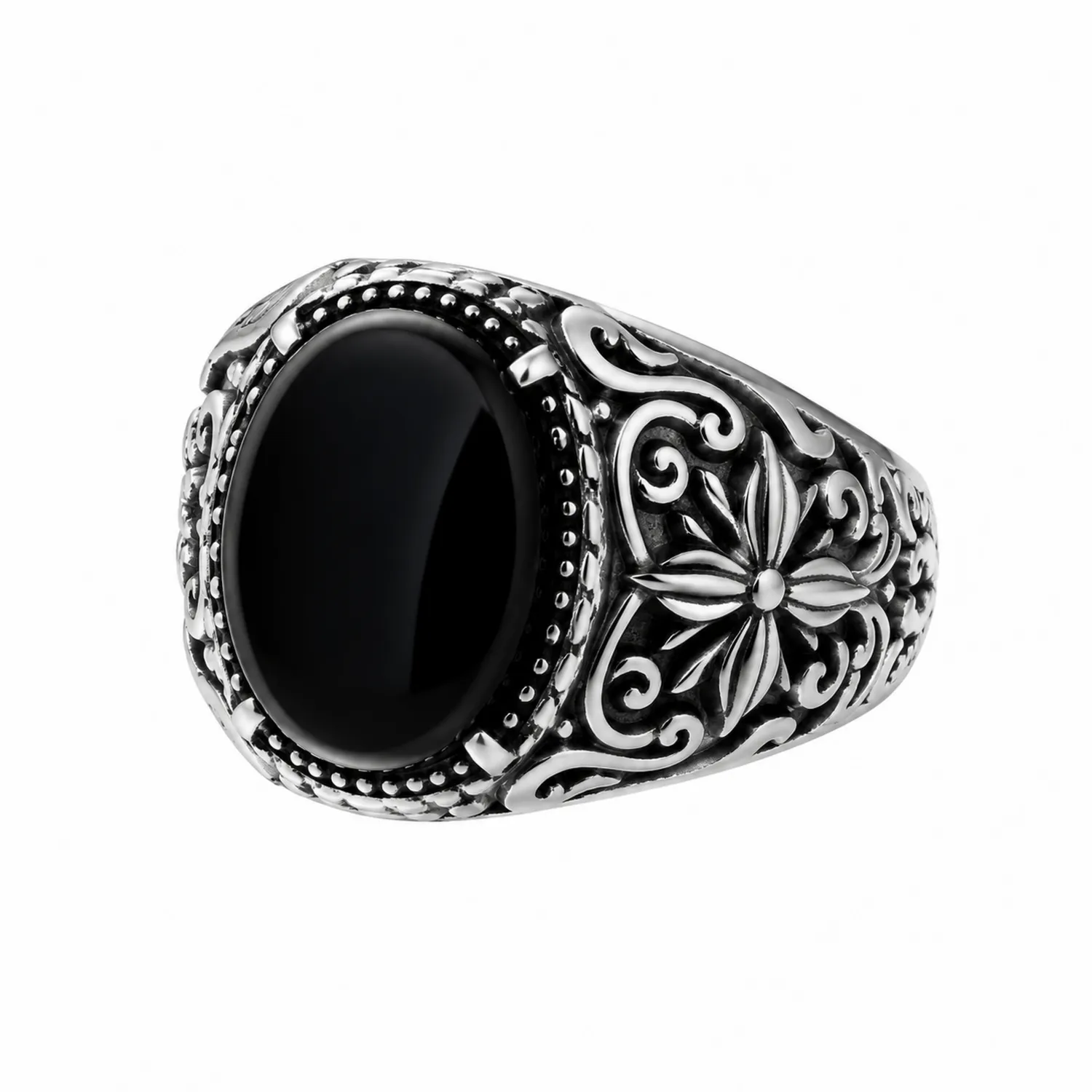 Antiker Herrenring aus Silber mit Schwarzem Stein und Blumenmuster-Novtidorix