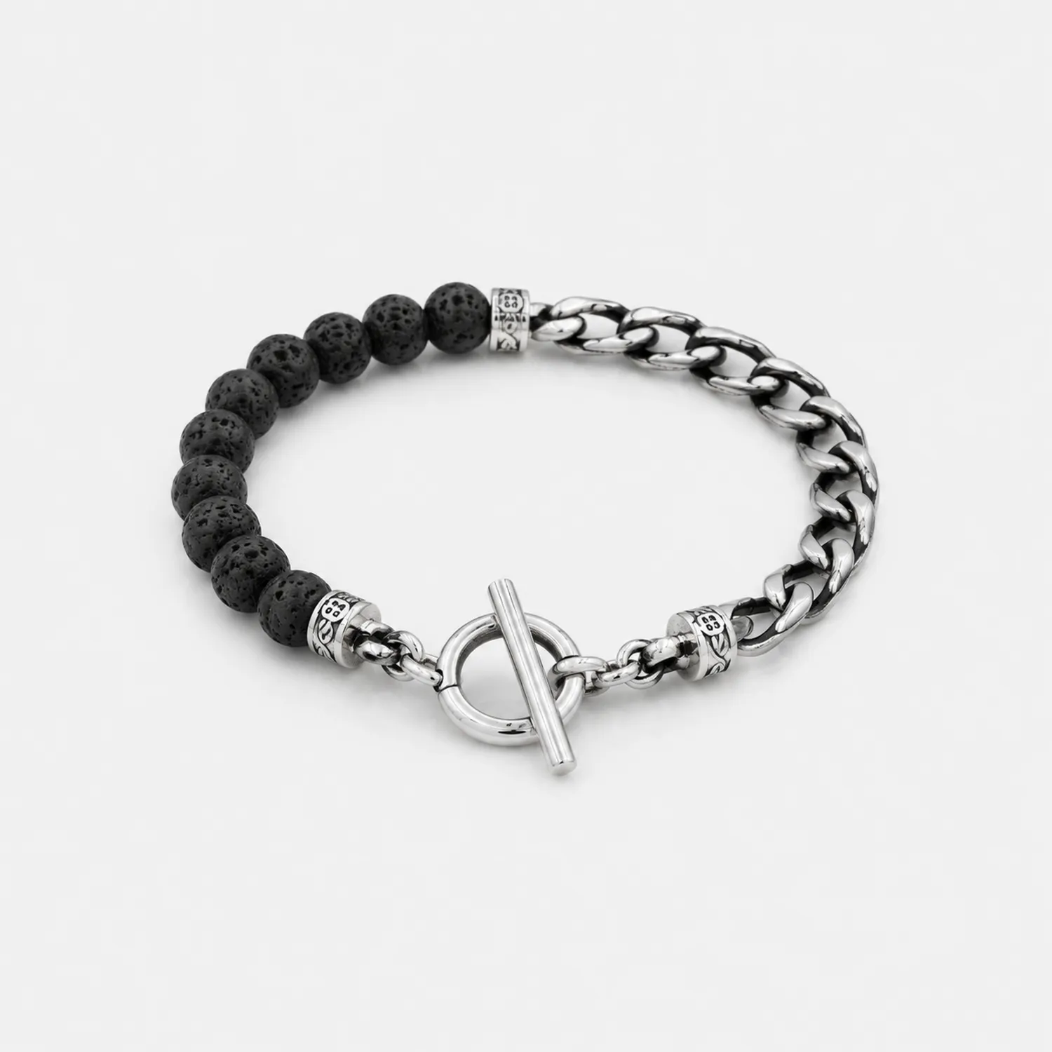 Armband mit Lavastein und silbernen Kettengliedern, Schwarz-Novtidorix