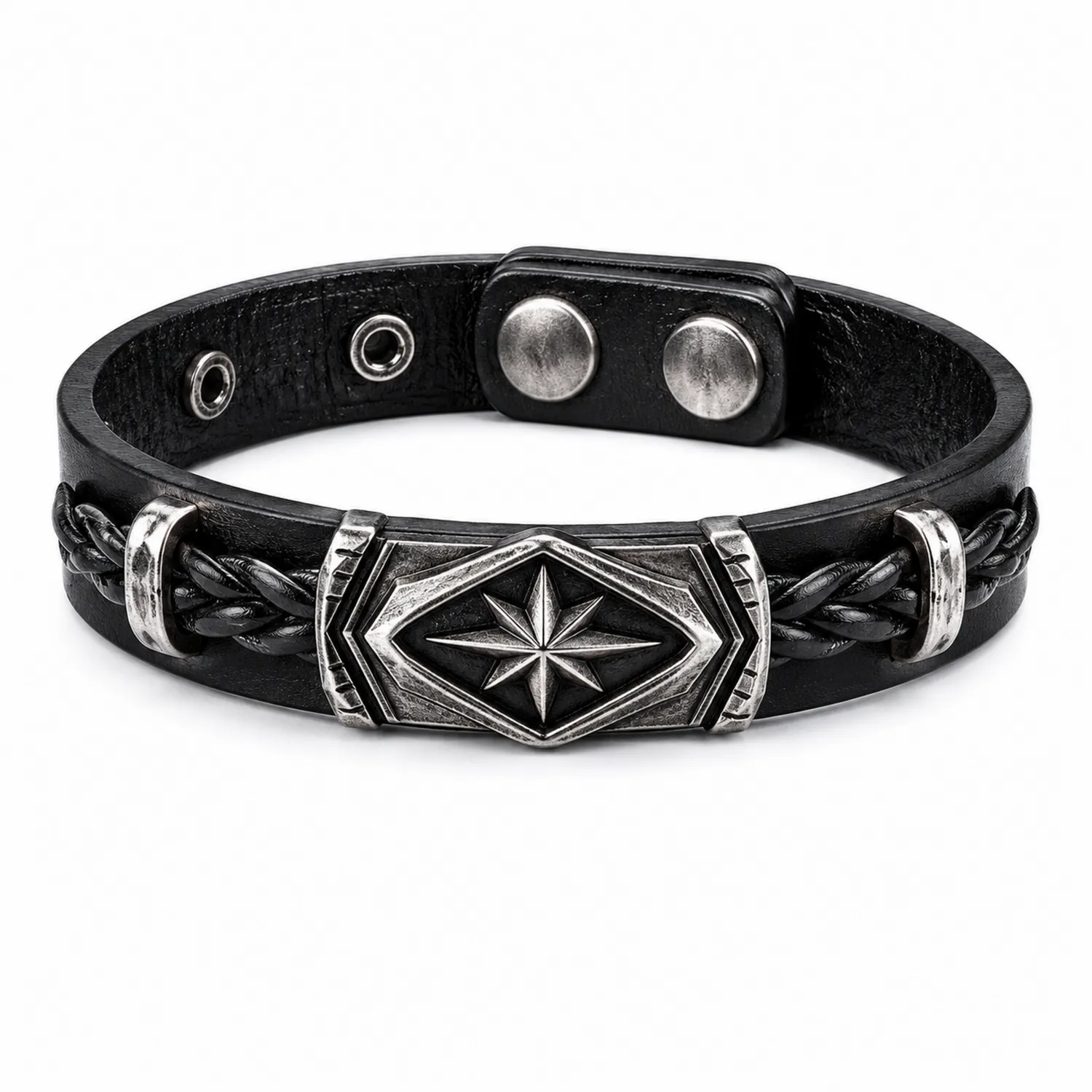 Schwarzes Lederarmband mit Silbermetall-Verzierung-Novtidorix