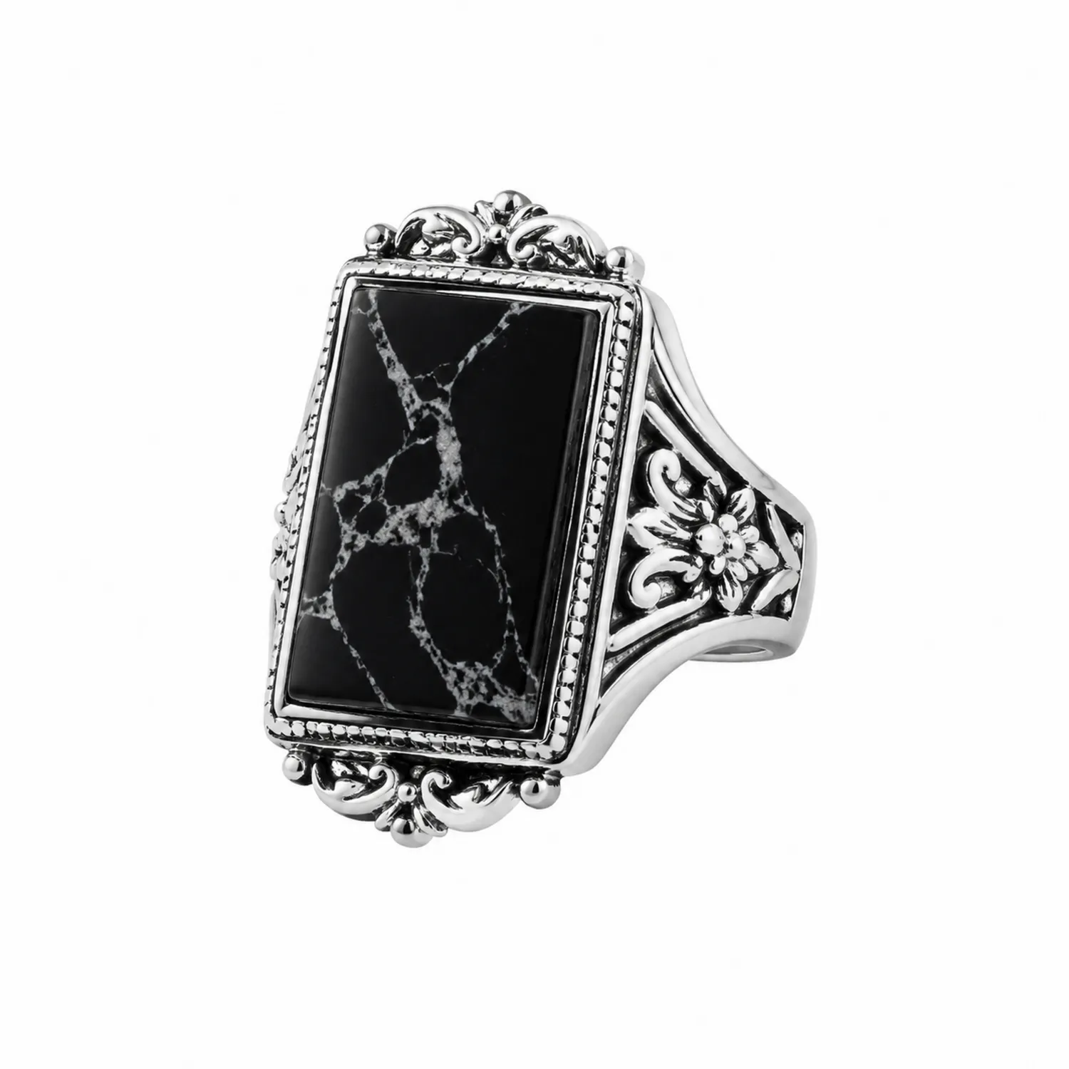 Rechteckiger Vintage-Stil Ring mit schwarzem Marmor-Novtidorix