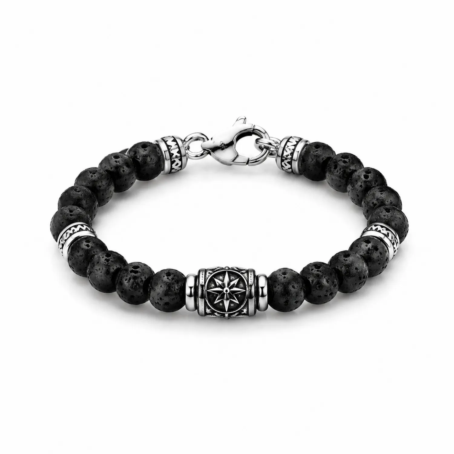 Armband aus schwarzen Lavaperlen mit Silberakzenten und Karabinerverschluss-Novtidorix