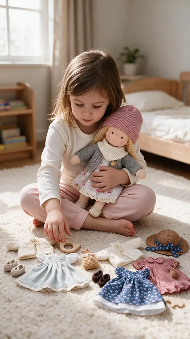 Lifestyle scene of a child holding a doll and exploring miniature outfits on a rug