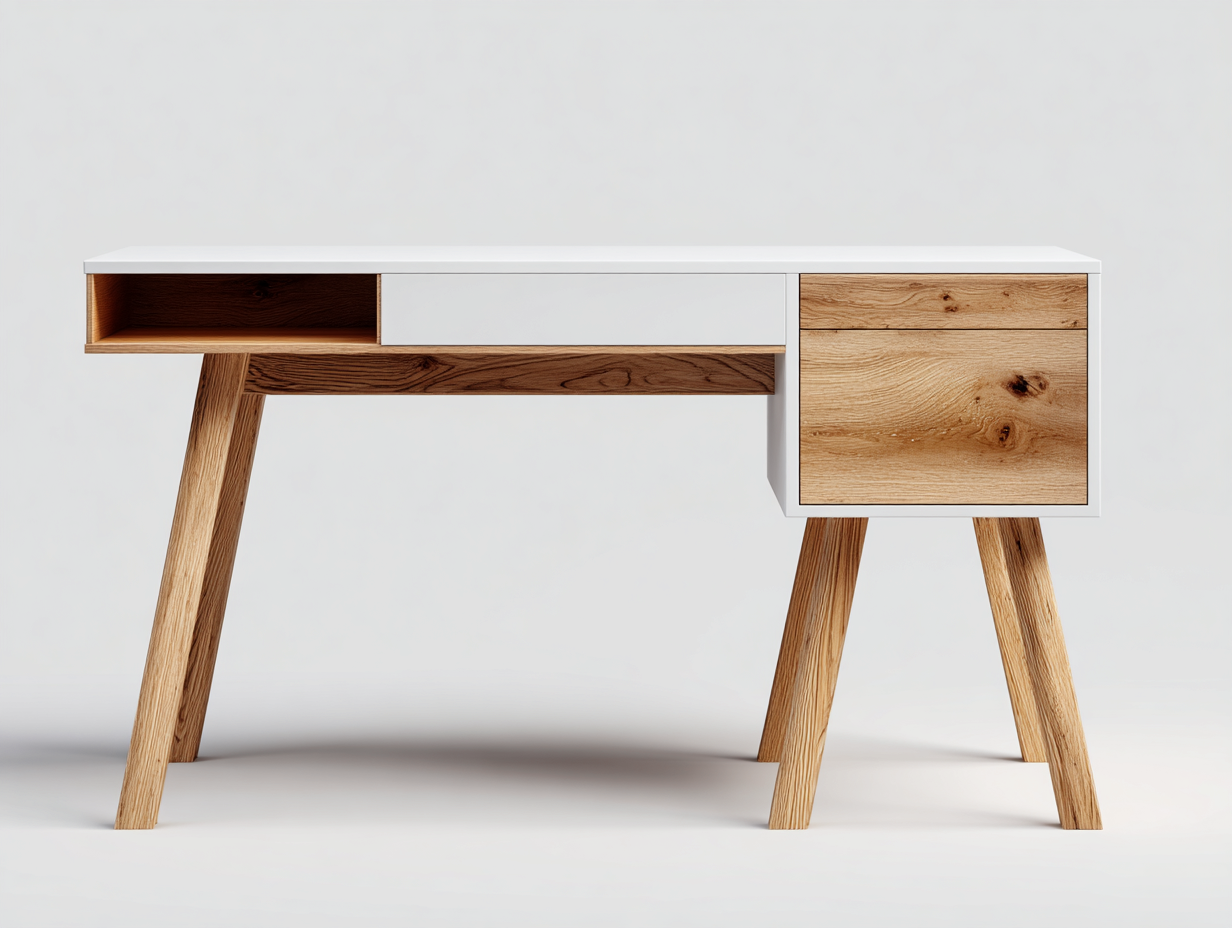 Schreibtisch Holz 120x55x76 cm - Weiß-Naturbraun - Bürotisch mit 1 Schublade und 1 Schrankfach im modernen Design-Tavoralyabode