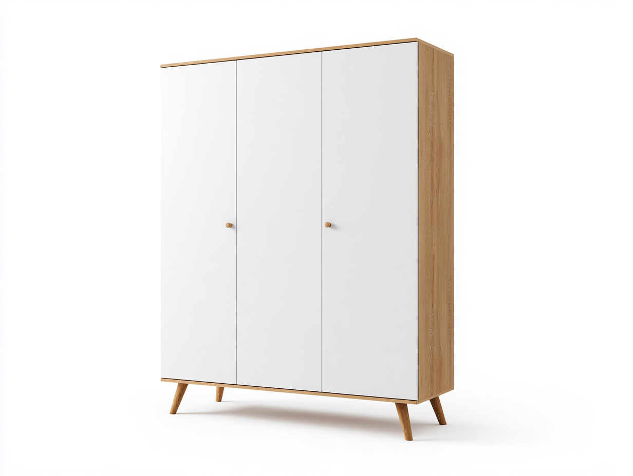 Kleiderschrank Holzwerkstoff 120x55x180 cm Weiß-Natur Dreitüriges Design im skandinavischen Stil-Tavoralyabode