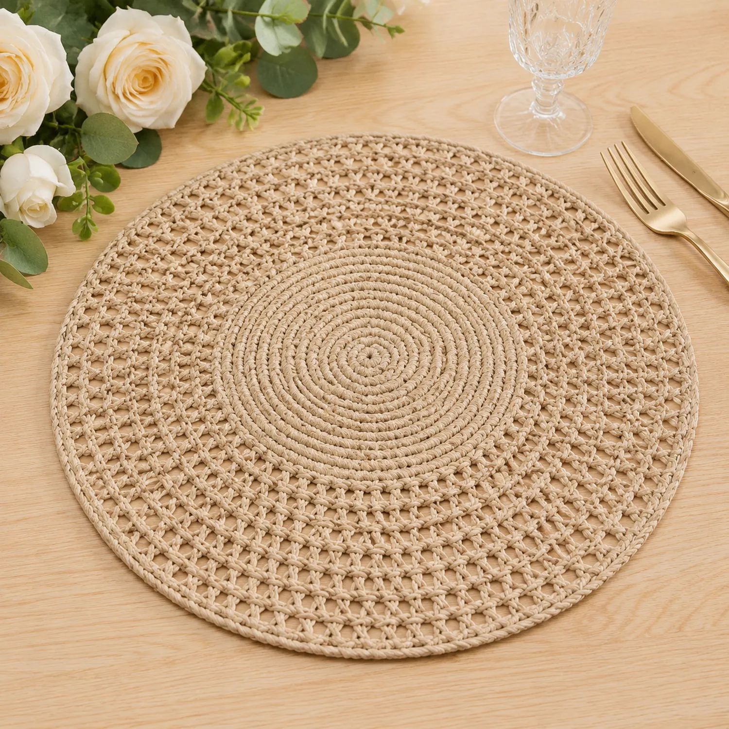 Runde Tischmatte Beige Handgewebt 38 cm-Nerlidorn