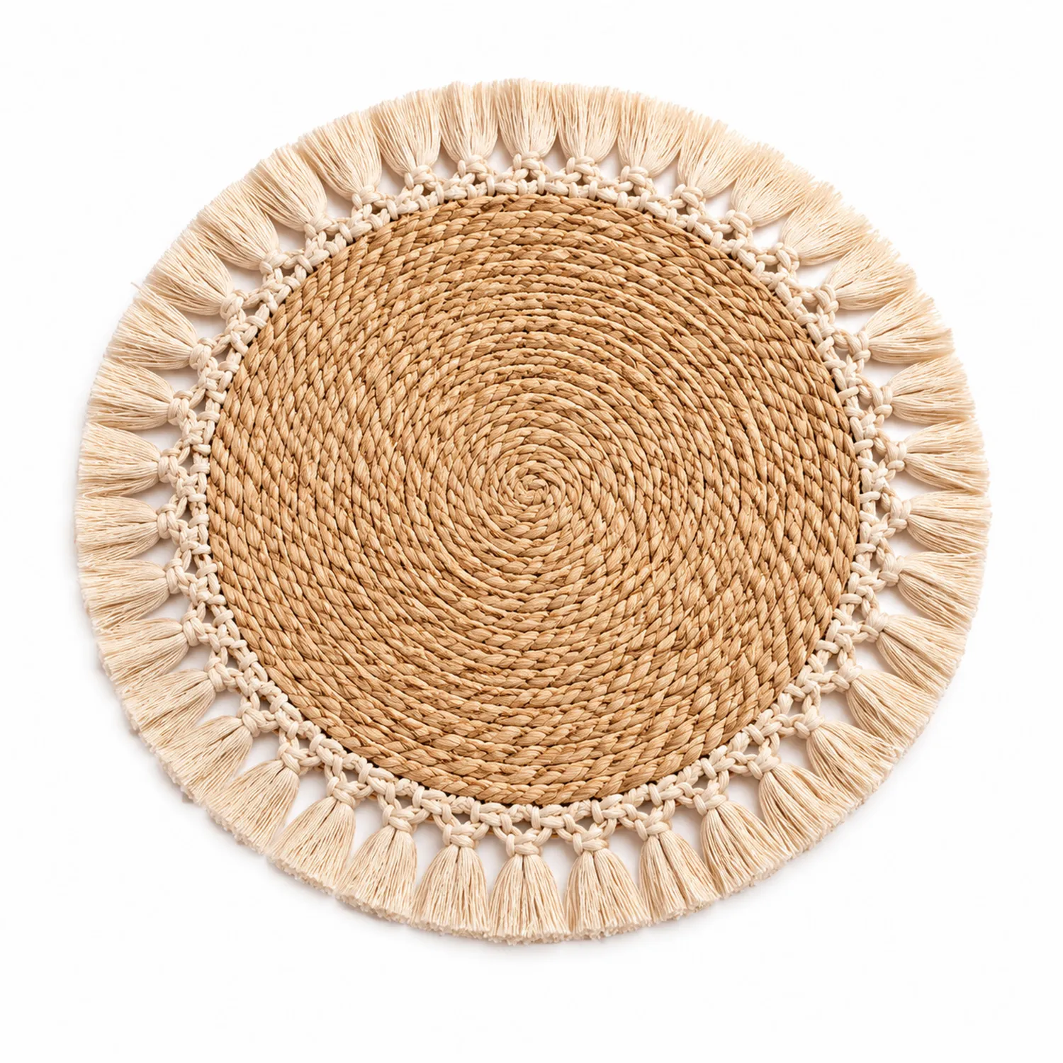 Runder Tischuntersetzer mit Fransen, Beige, Naturfaser-Nerlidorn
