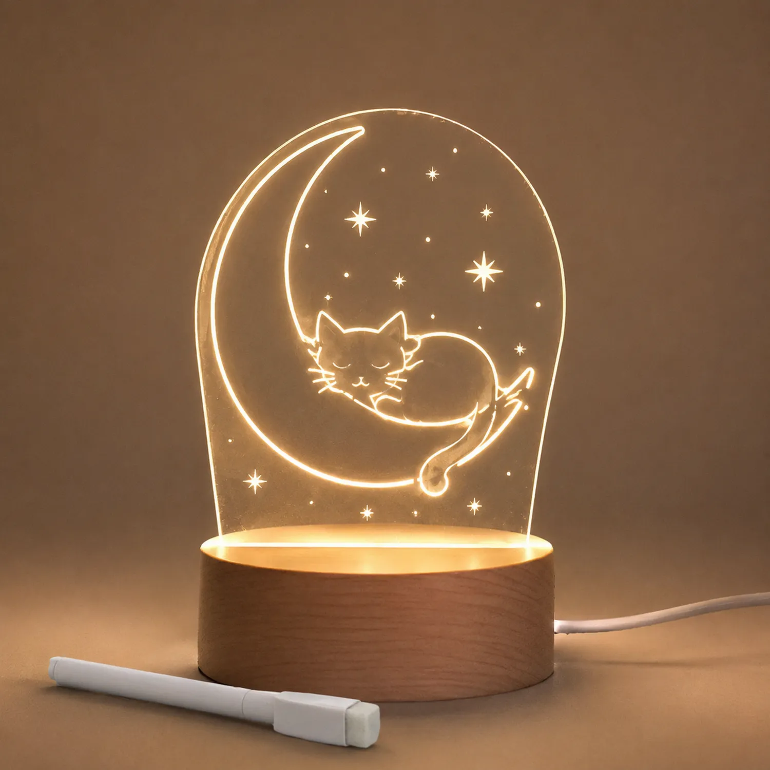 LED Nachtlicht Katze auf Mond mit Holzsockel, Warmweiß-norvivon