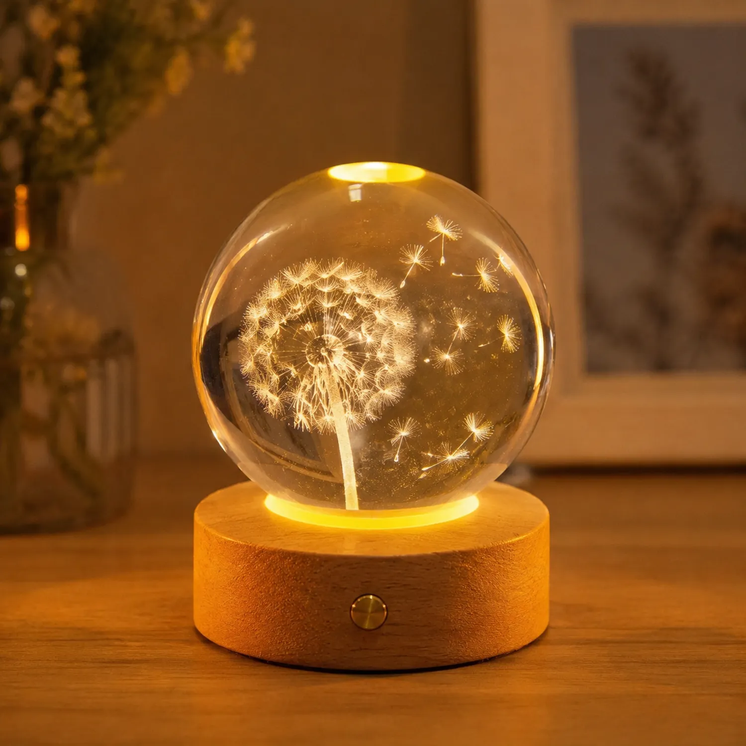 3D Kristall Kugellampe mit Löwenzahn-Design und Holzsockel-norvivon