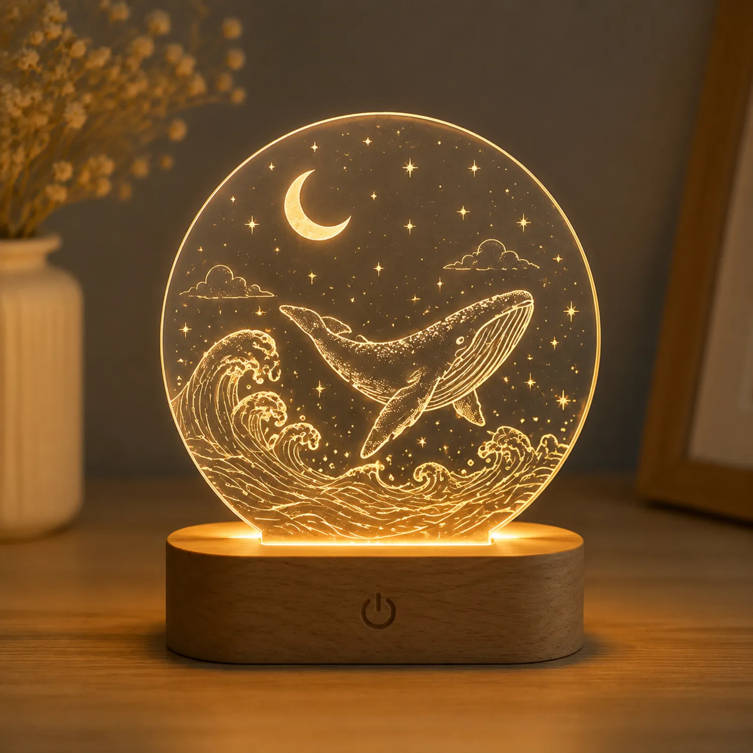 3D LED Nachtlicht mit Wal- und Mondmotiv in Holzoptik-norvivon