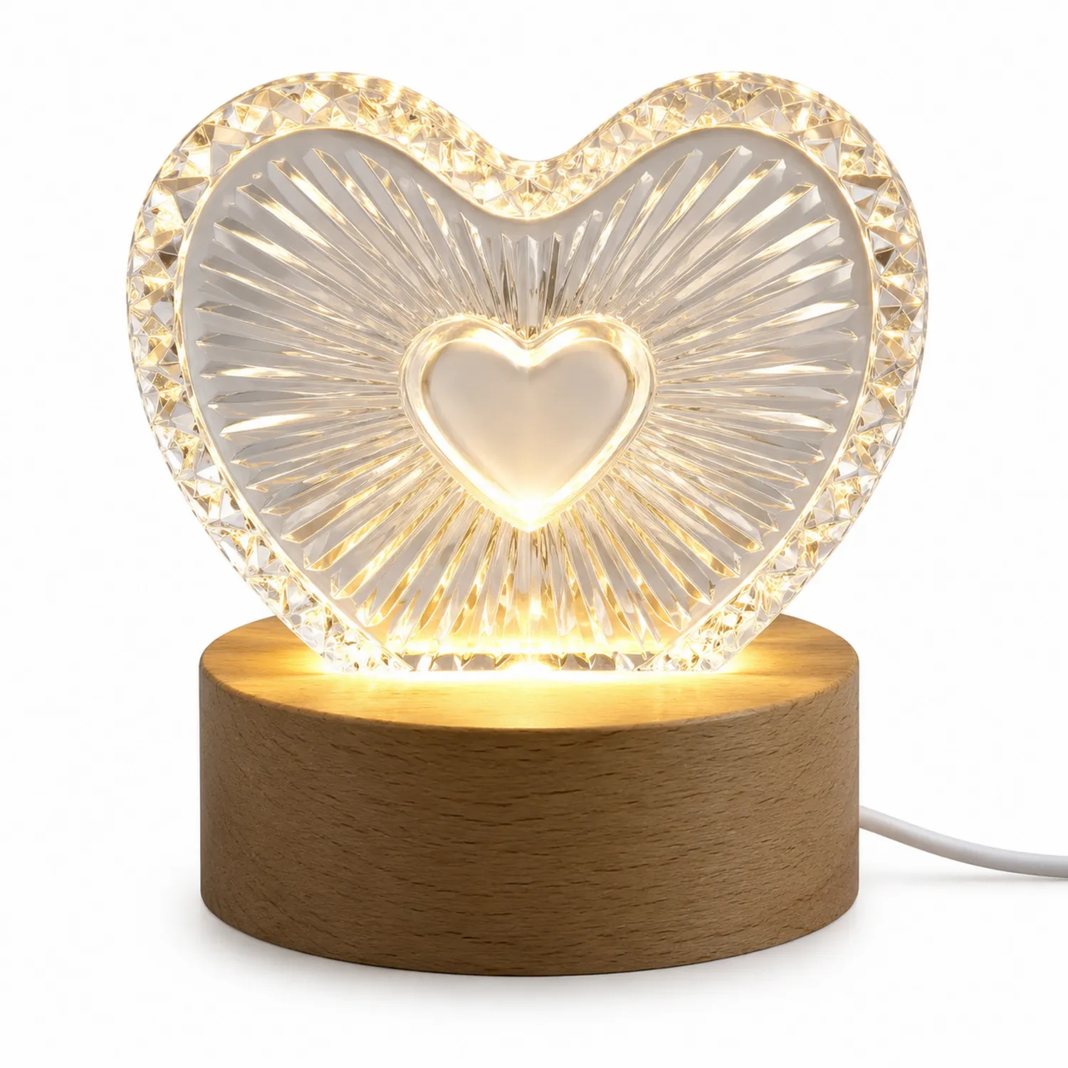 Herzförmige LED-Lampe mit Holzsockel, Kristalloptik, Warmweiß-norvivon