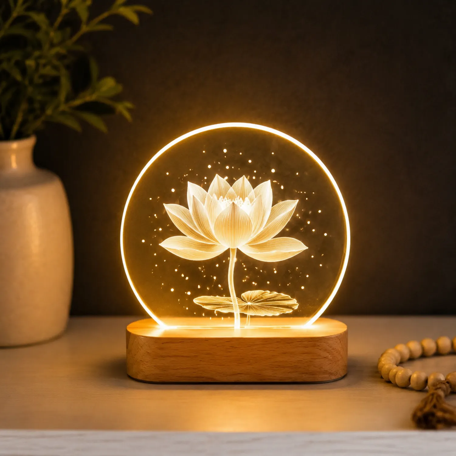 LED Nachtlicht Lotus mit Holzfuß und warmweißem Licht-norvivon
