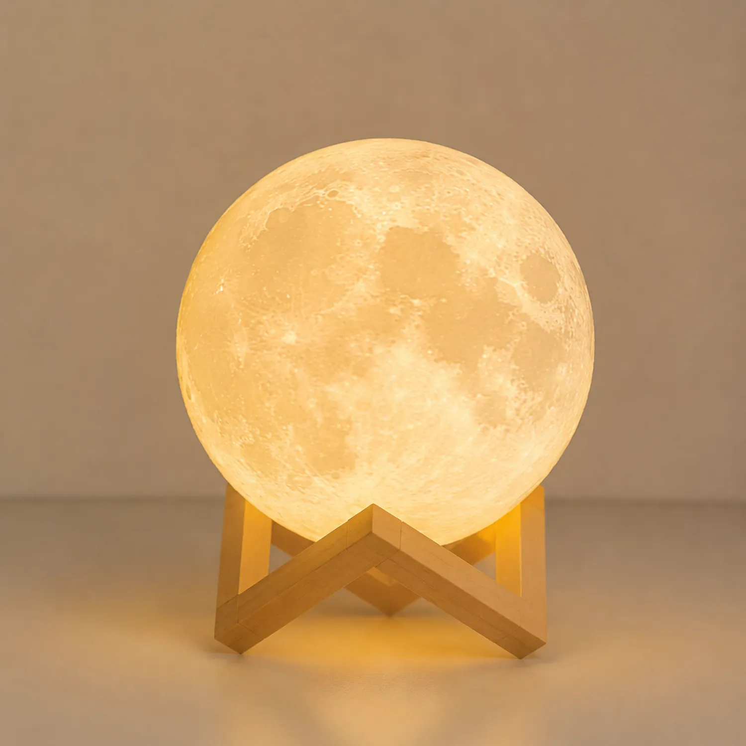 3D Mondlampe mit Holzständer, Warmweißes LED Licht, USB-Aufladung-norvivon
