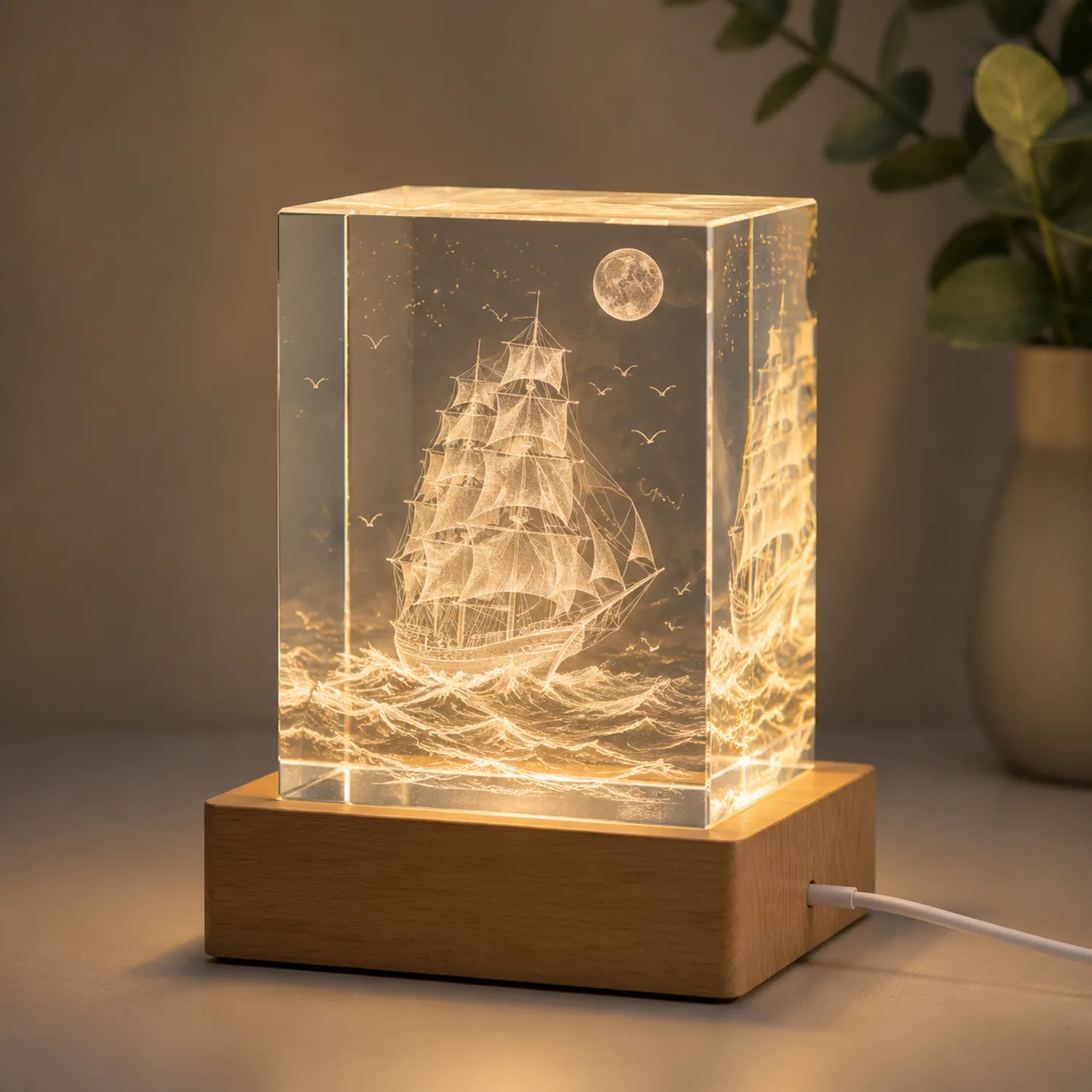3D Kristall Tischlampe mit Segelschiff und Holzbasis, Klar-norvivon
