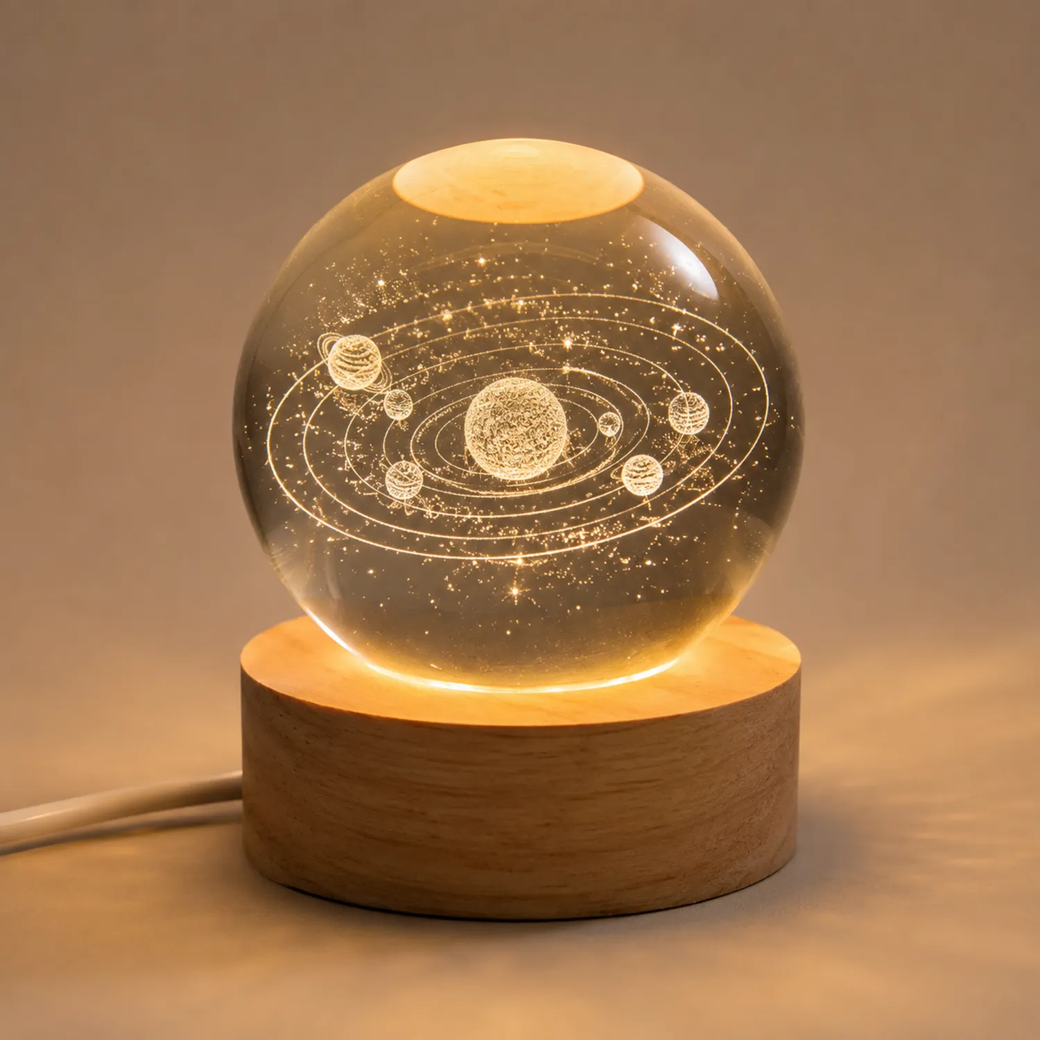 3D Planetarium Lampe mit Holzsockel, Solar System Design, Warmweiß-norvivon