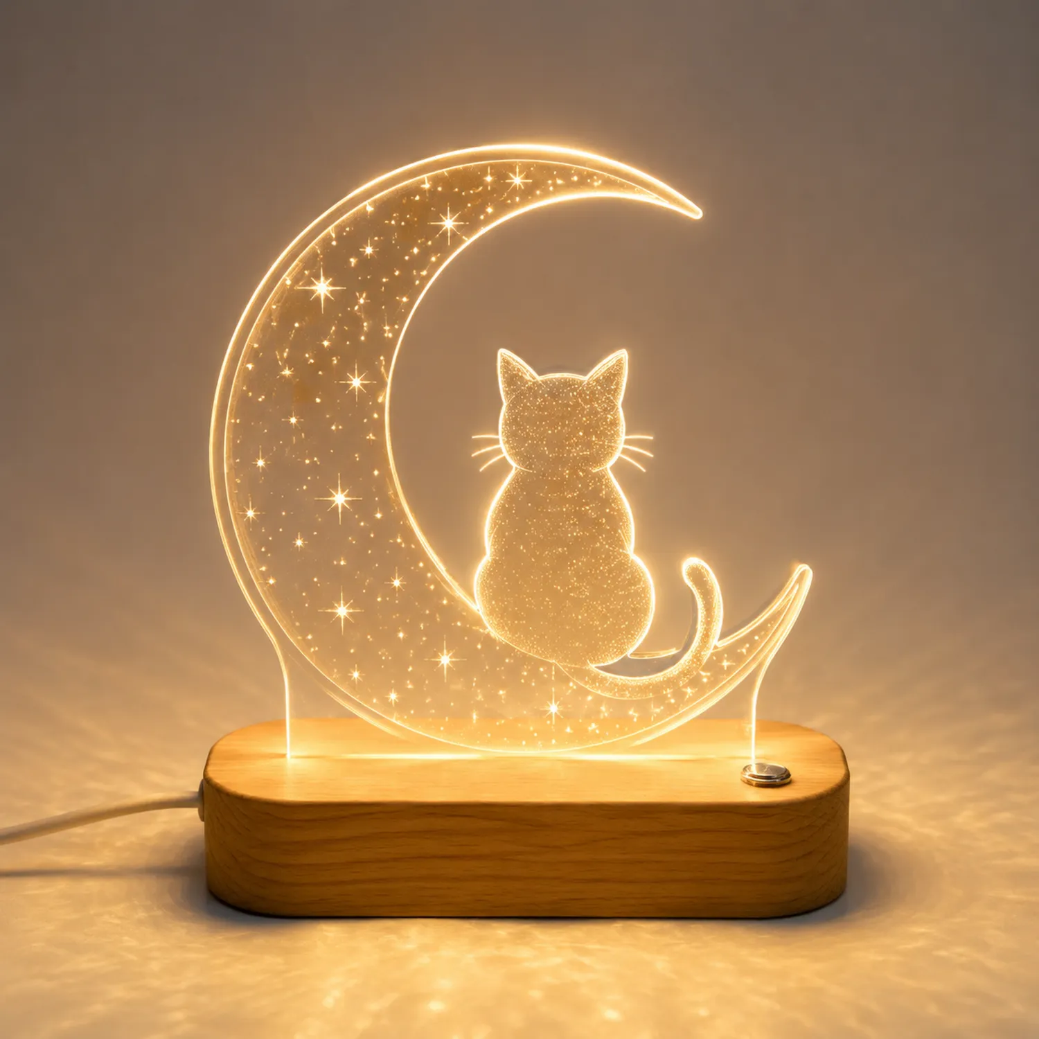 LED Nachtlicht Katze auf Mond mit Holzfuß-norvivon