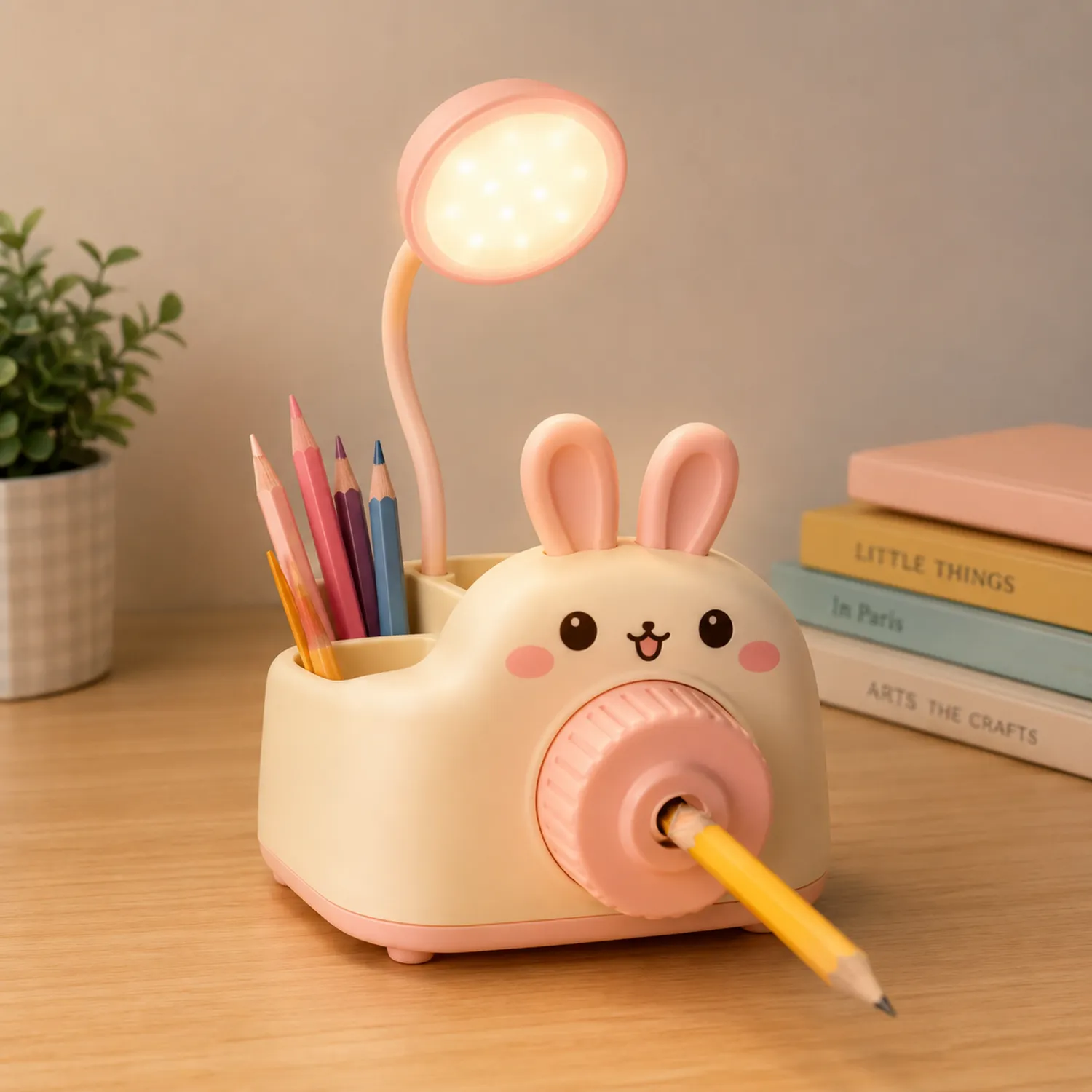 Niedliche Kaninchen-Tischlampe mit LED-Licht und Bleistiftspitzer, Beige/Rosa-norvivon