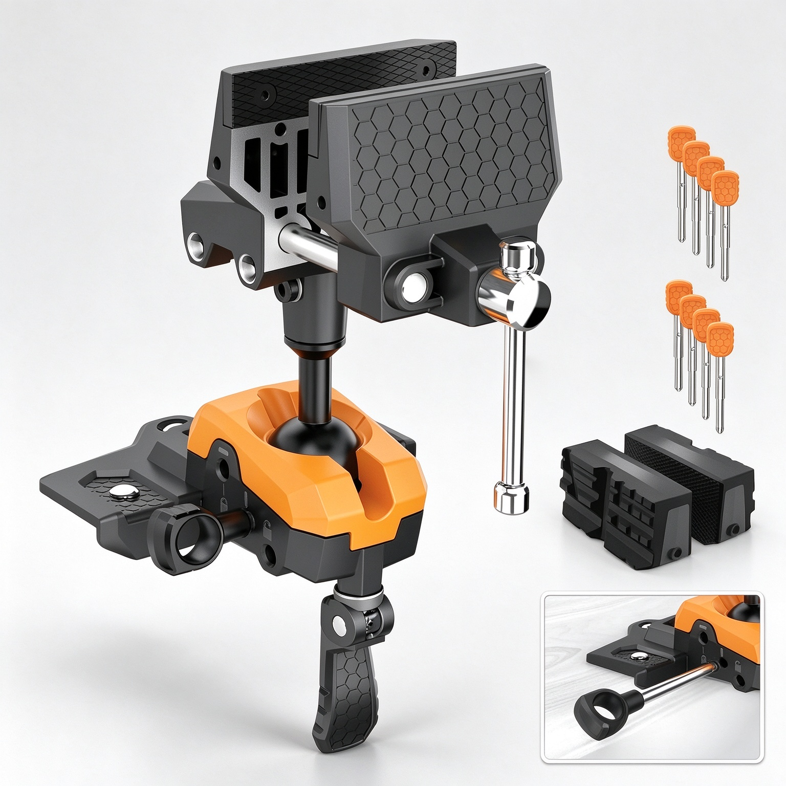 360° Articulating Bench Vise – Lock Any Angle With One Hand, 8 Locking Positions, Swap-In Jaw Pads, Base & XL