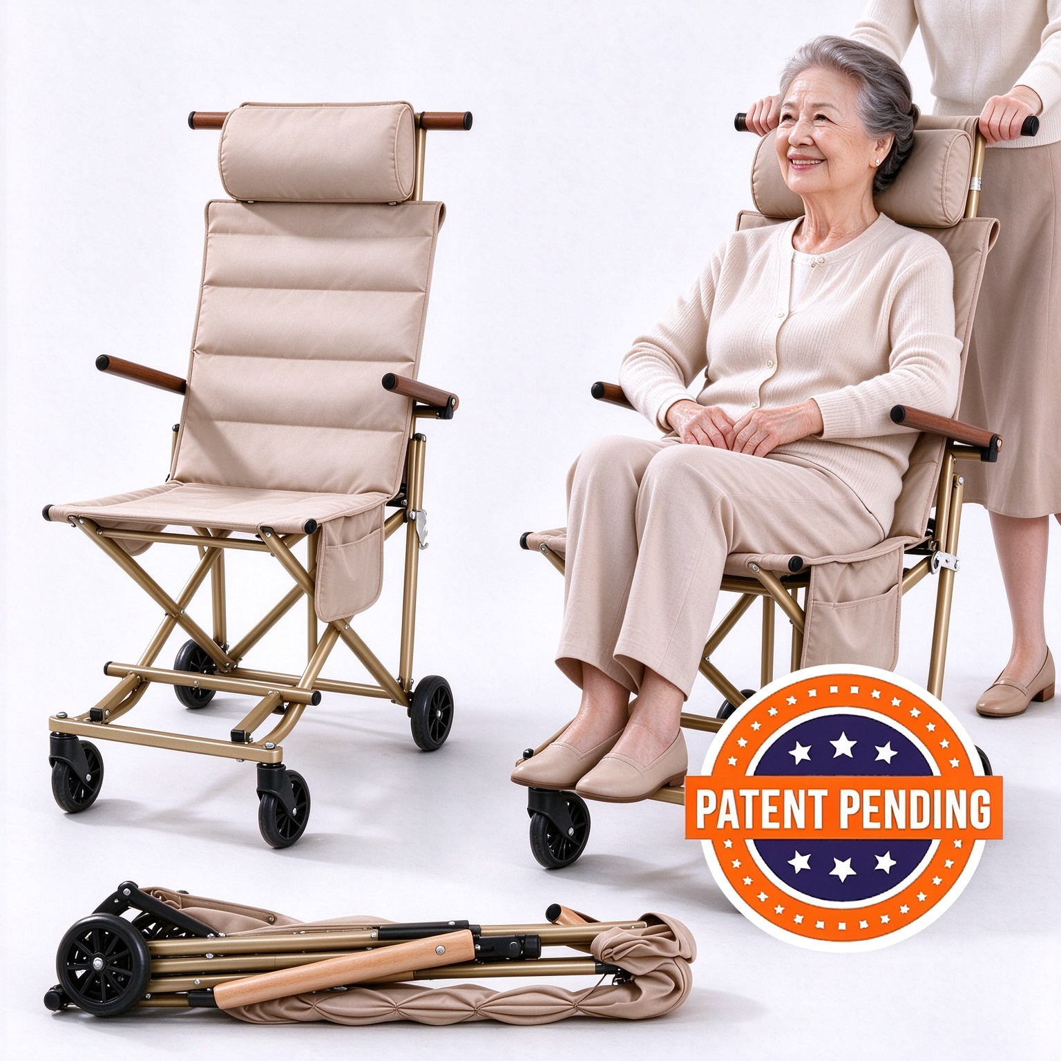 Foldable Chair Cart – Portable Seating & Push Cart for Travel, Shopping, Camping & Recovery, 3 Sizes