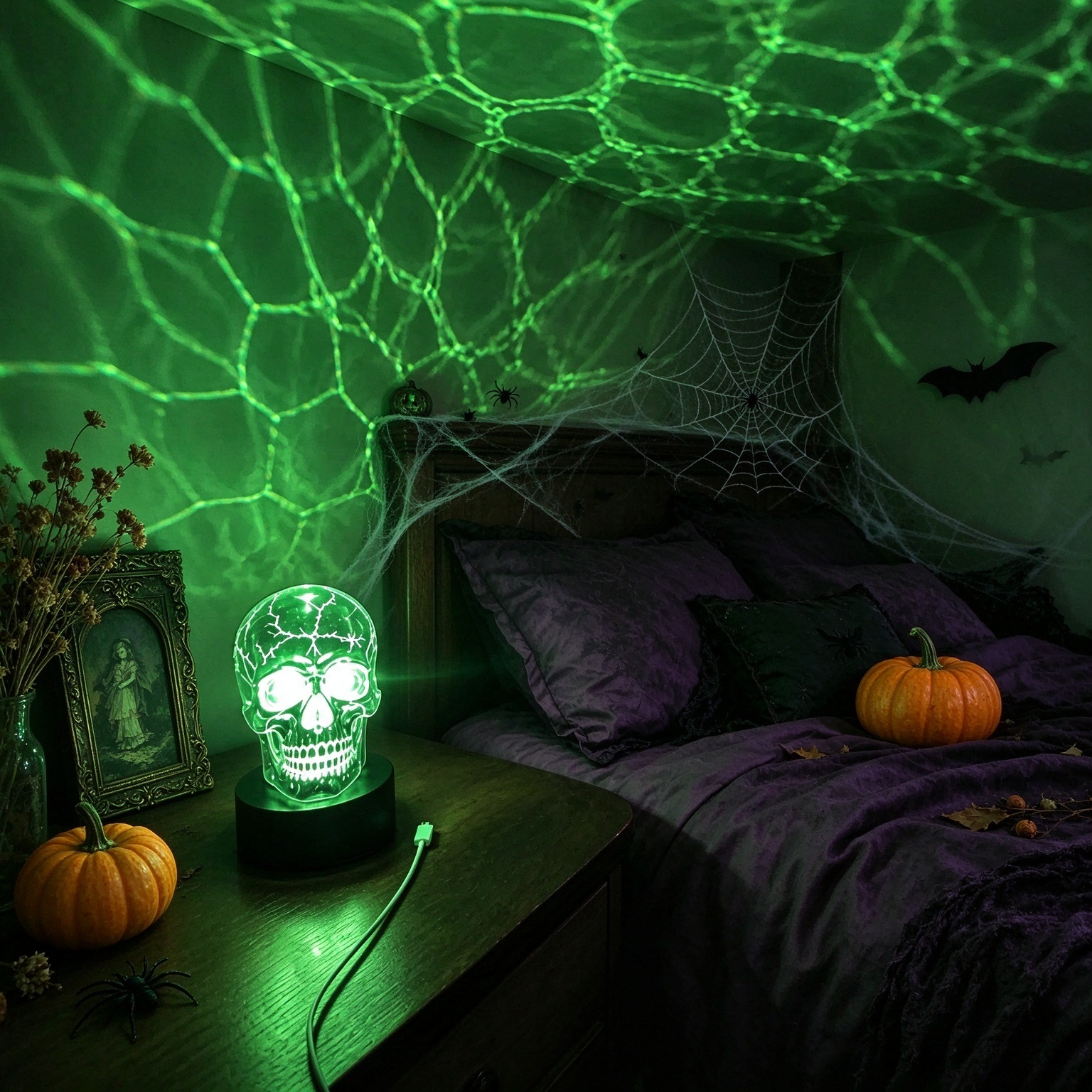 Rotating Skull Atmosphere Lamp – RGB Light Through Cracked Chrome, 8 Colors, 4 Modes, USB-C Rechargeable