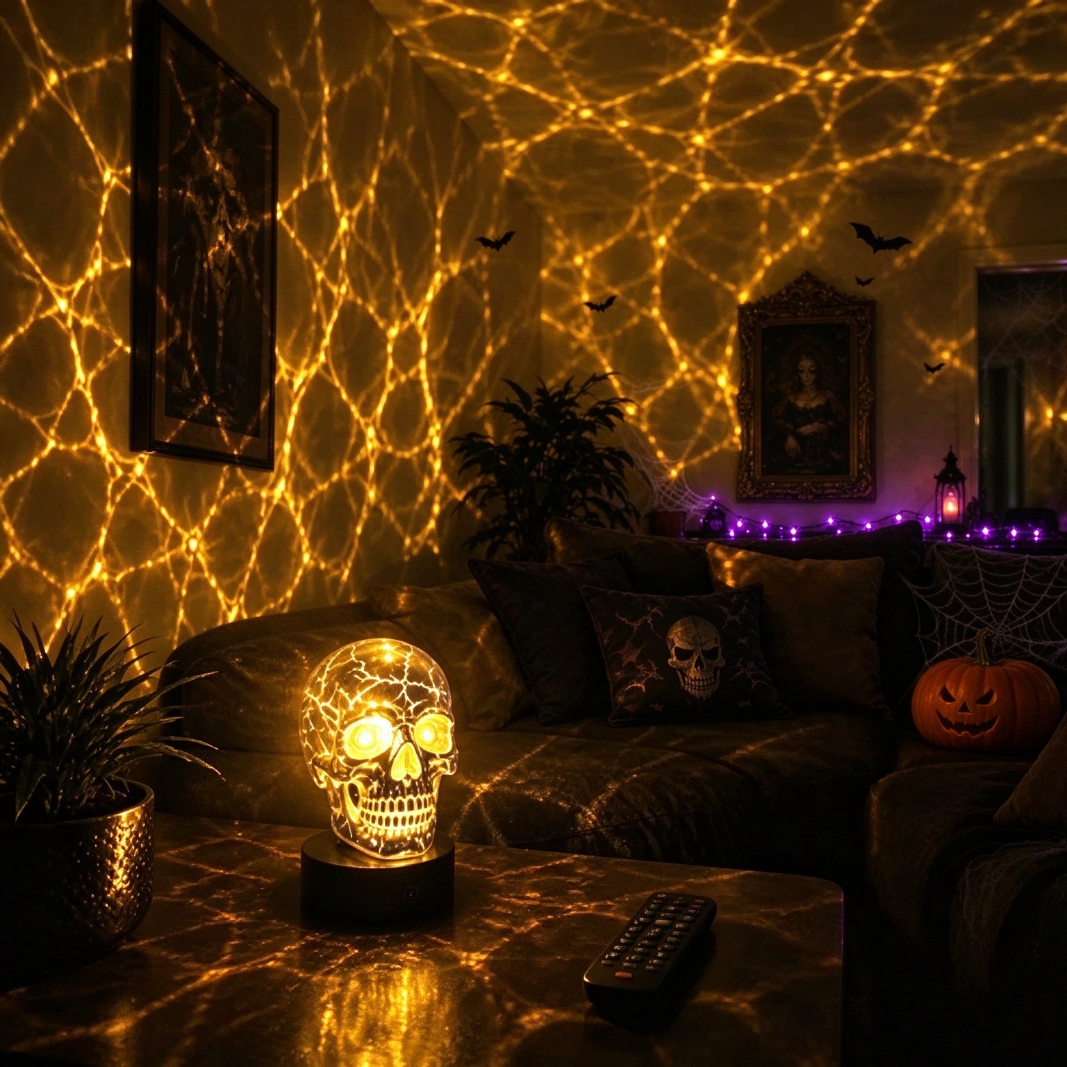 Rotating Skull Atmosphere Lamp – RGB Light Through Cracked Chrome, 8 Colors, 4 Modes, USB-C Rechargeable