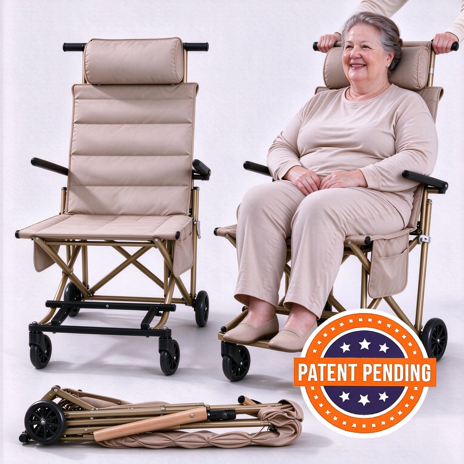 Foldable Chair Cart – Portable Seating & Push Cart for Travel, Shopping, Camping & Recovery, 3 Sizes