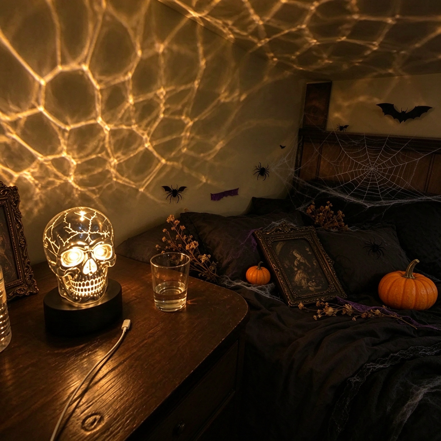 Rotating Skull Atmosphere Lamp – RGB Light Through Cracked Chrome, 8 Colors, 4 Modes, USB-C Rechargeable