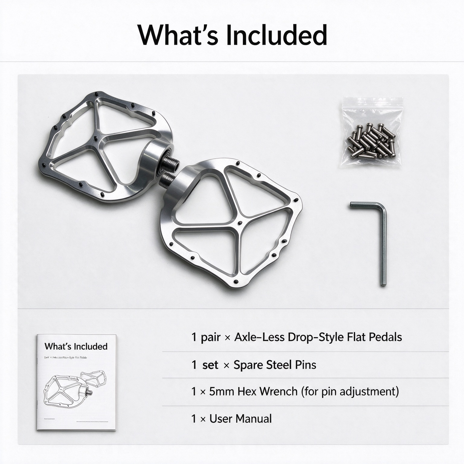 Package contents: pair of pedals, installation accessories, user instructions