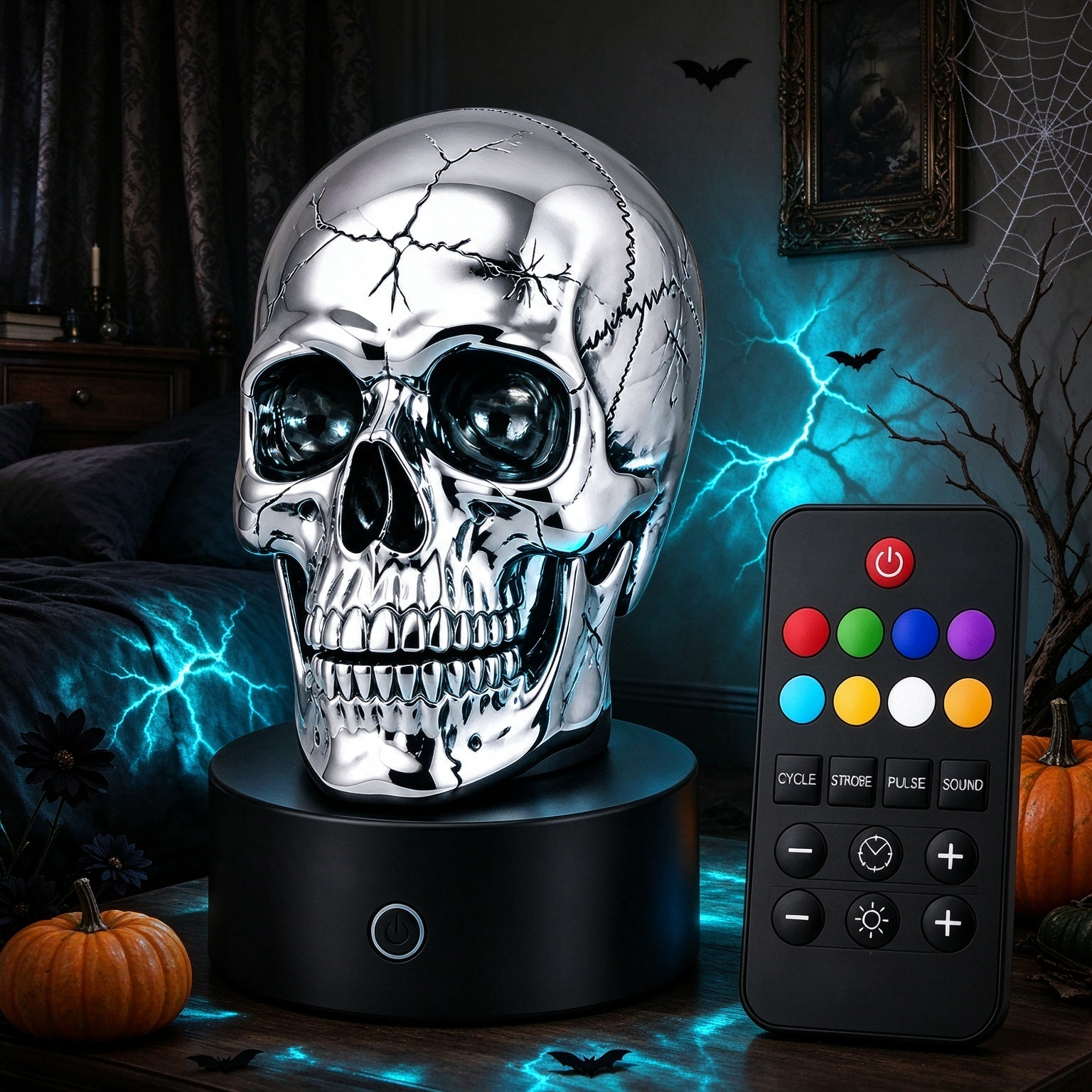 Rotating Skull Atmosphere Lamp – RGB Light Through Cracked Chrome, 8 Colors, 4 Modes, USB-C Rechargeable
