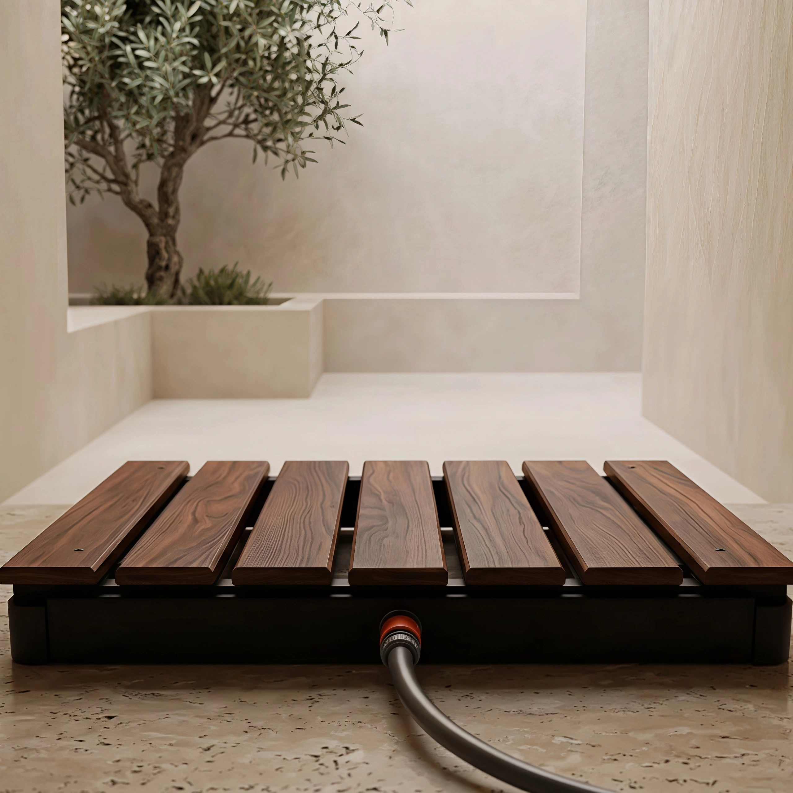 Step-On Outdoor Shower Platform – Full-Body Rinse, No Installation, Solid Thermo Wood, Hose-Ready
