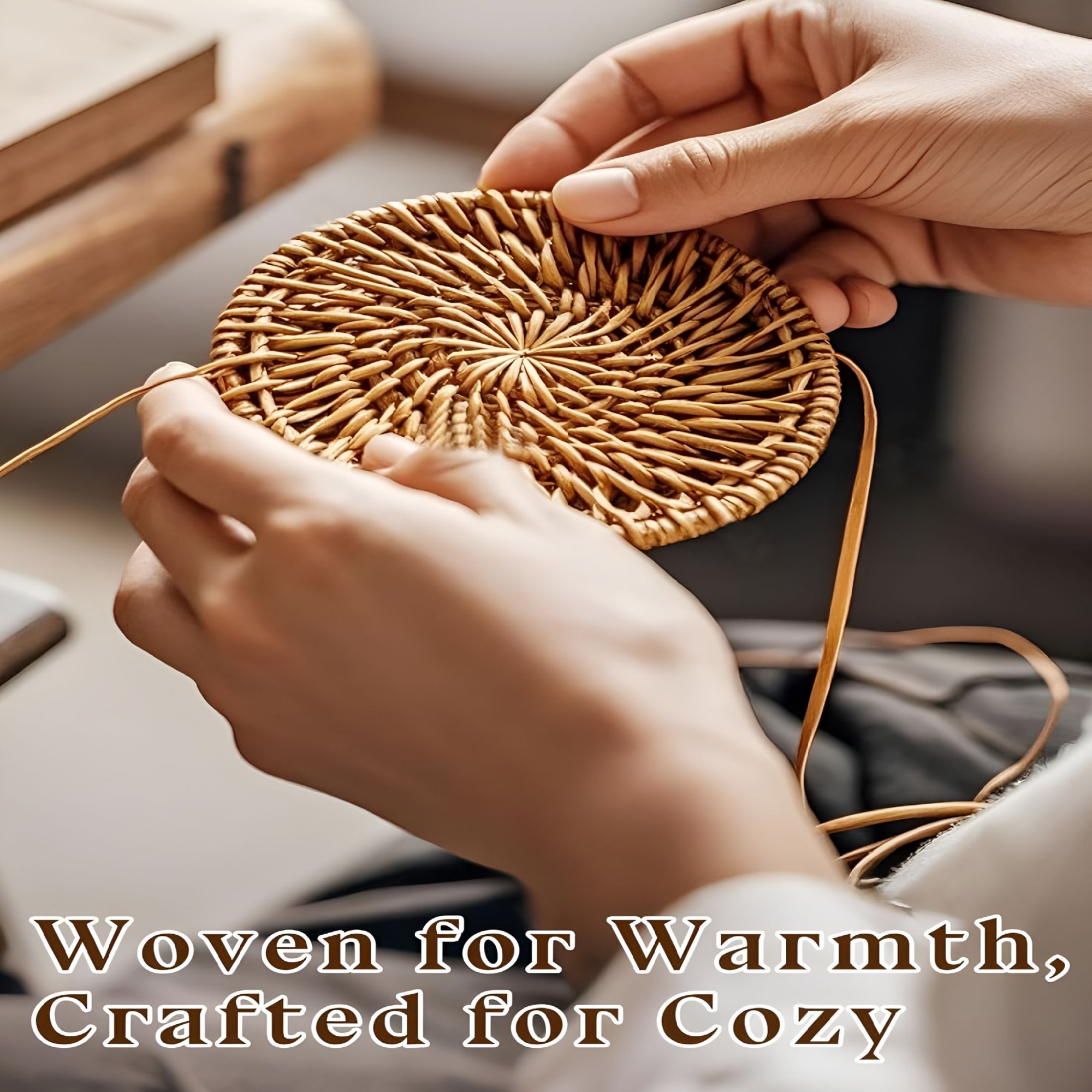 6pcs Natural Handmade Rattan Coasters with Holder