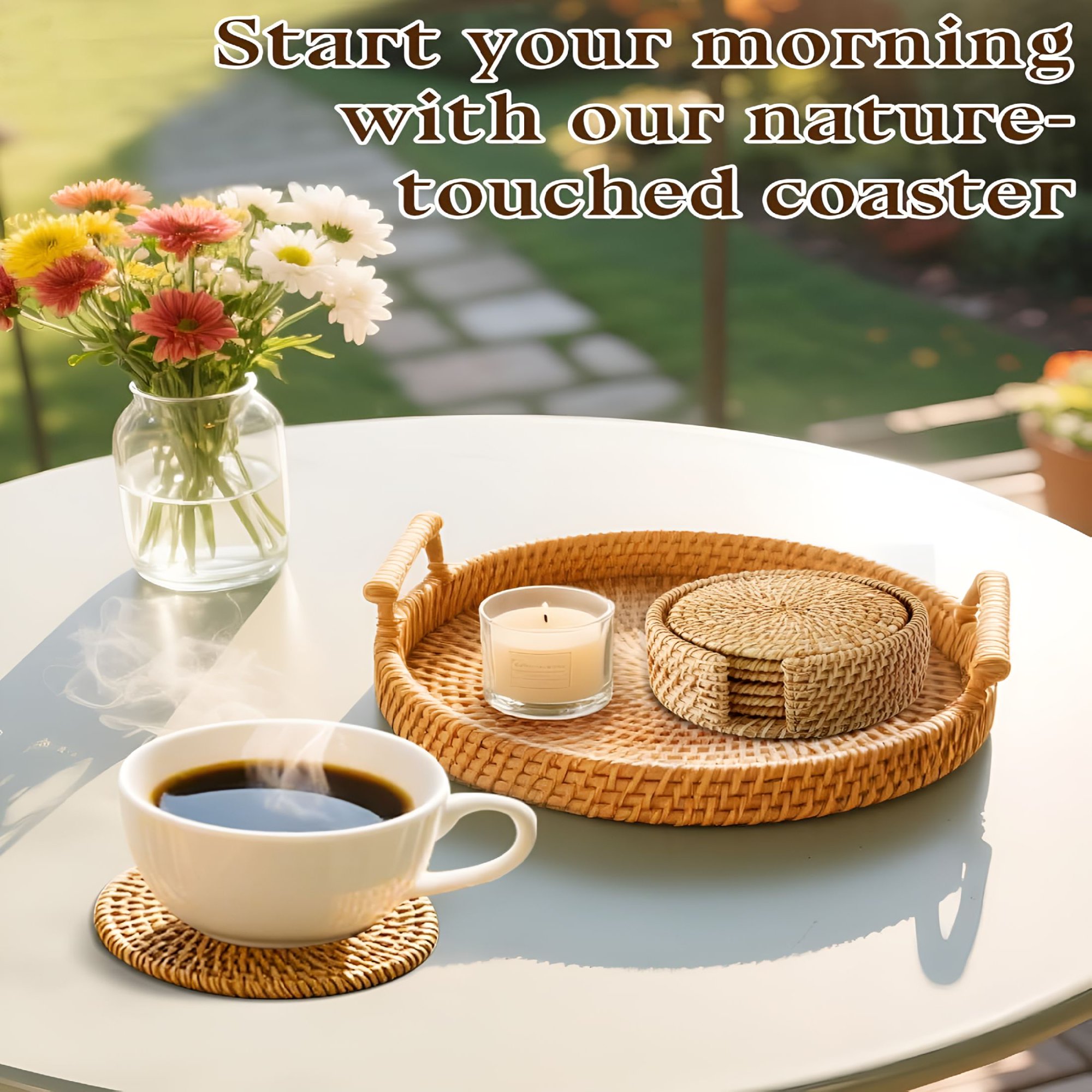 6pcs Natural Handmade Rattan Coasters with Holder