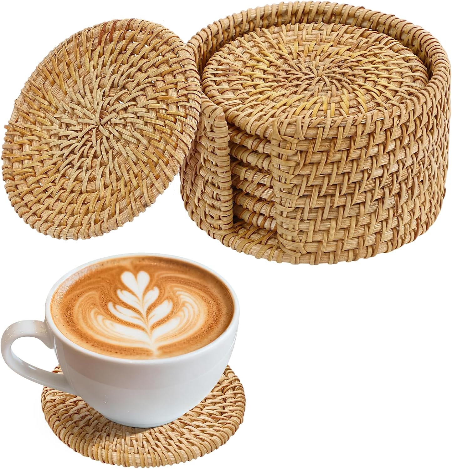 6pcs Natural Handmade Rattan Coasters with Holder