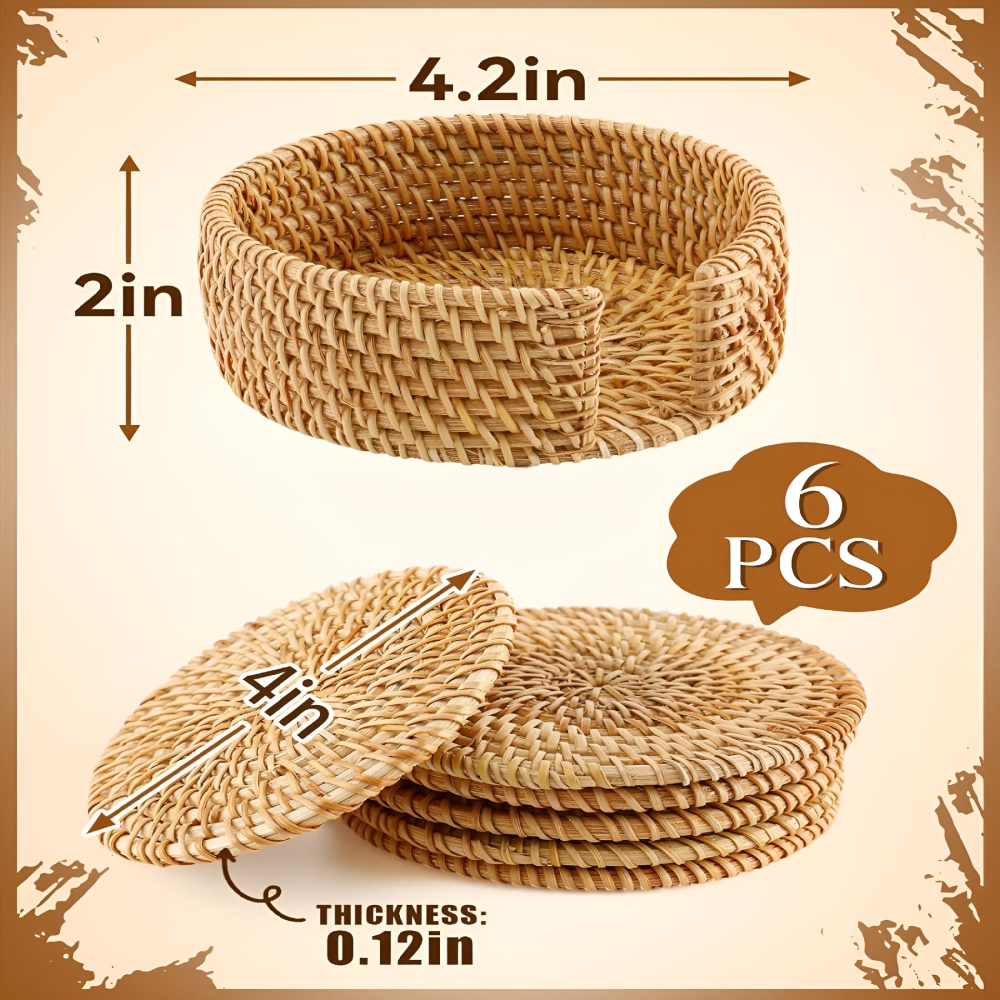 6pcs Natural Handmade Rattan Coasters with Holder