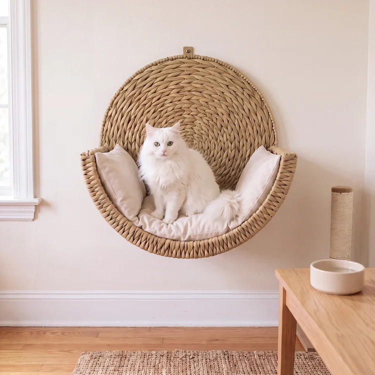 Wall-Mounted Pet Bed, Elevated Hand-Woven Natural Pet Lounger for Apartments & Cozy Corners