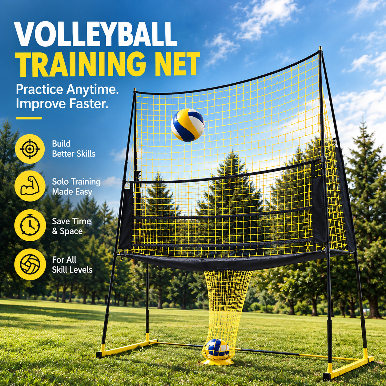 Portable Volleyball Training Net – 6.5–8 ft Infinitely Adjustable, Solo Practice for Serving, Setting & Spiking, Indoor & Outdoor