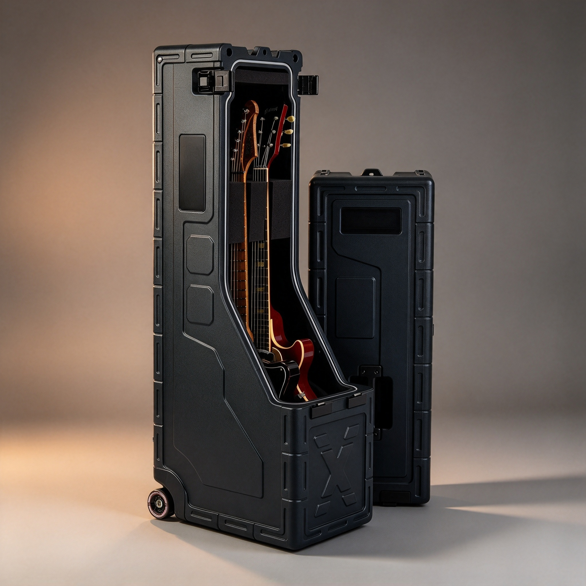 A hard-shell electric guitar case that carries two guitars
