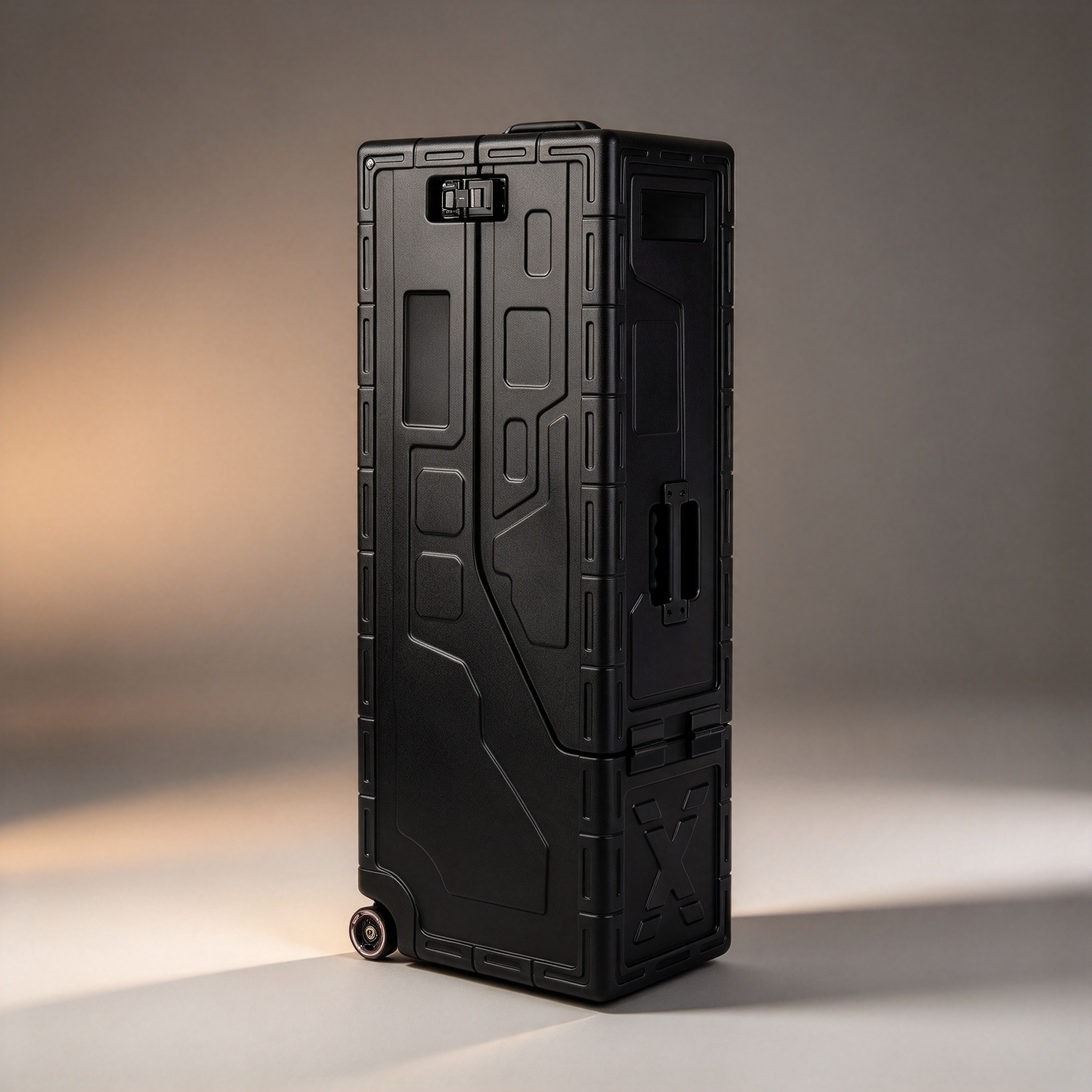 A hard-shell electric guitar case that carries two guitars