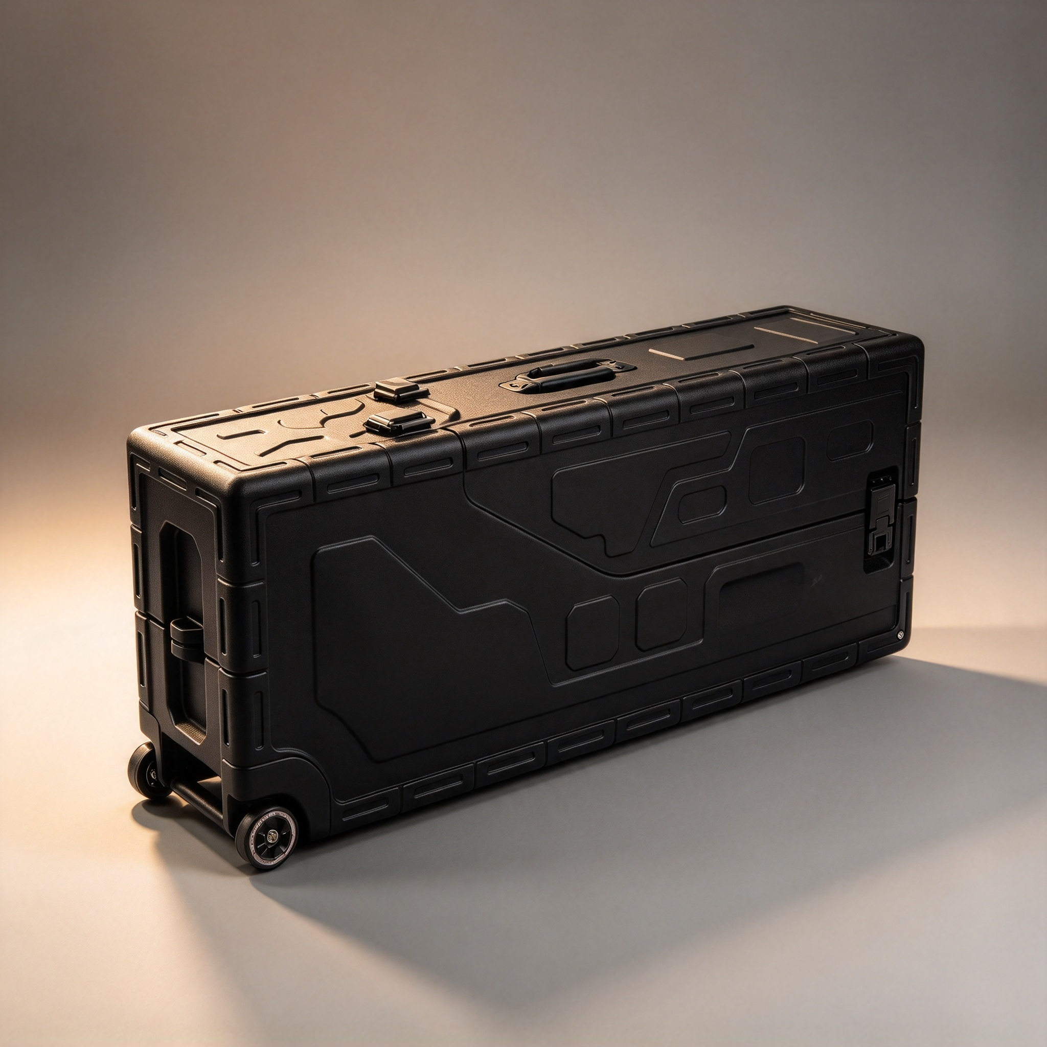 A hard-shell electric guitar case that carries two guitars