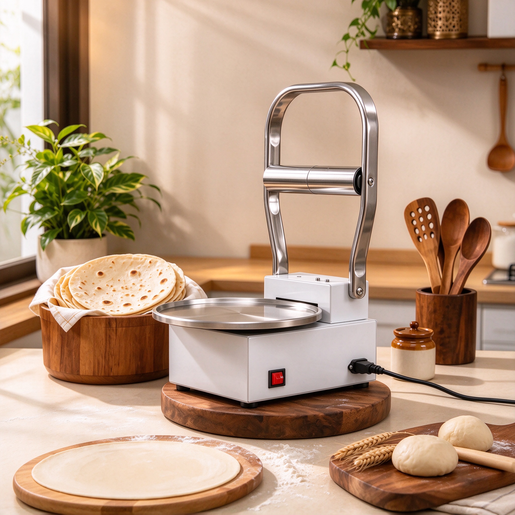 White electric roti press with stainless lever and red switch on a wooden base
