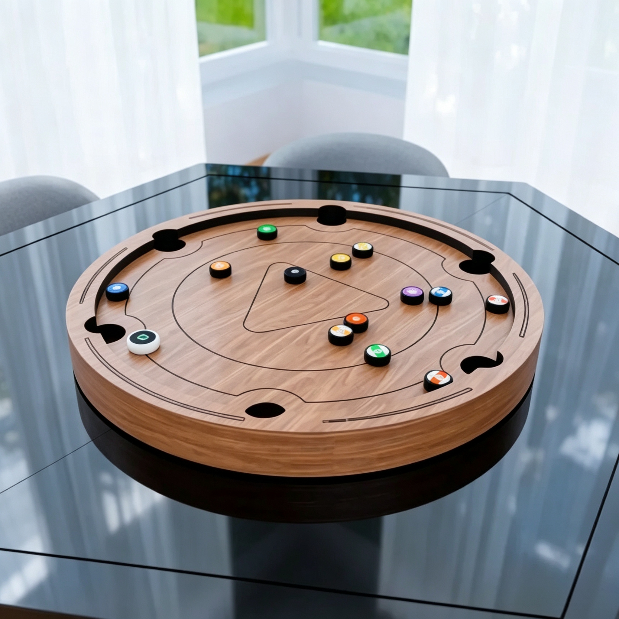 Portable round tabletop pool game in a home setting