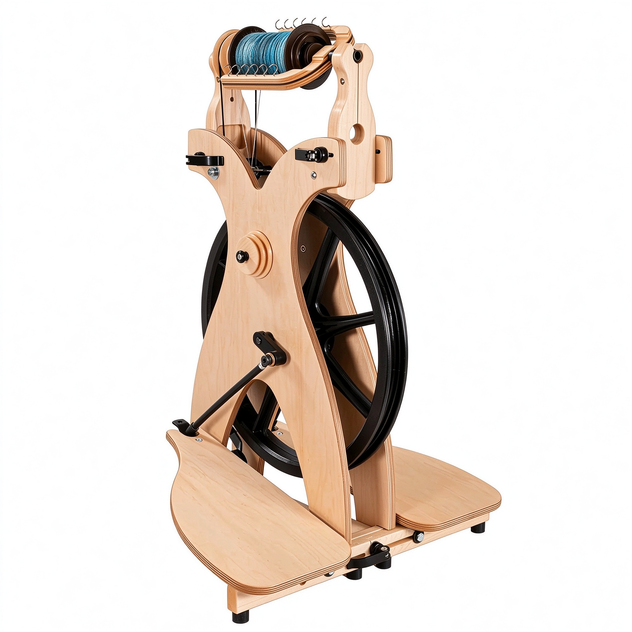 Folding spinning wheel in open position with blue yarn on bobbin