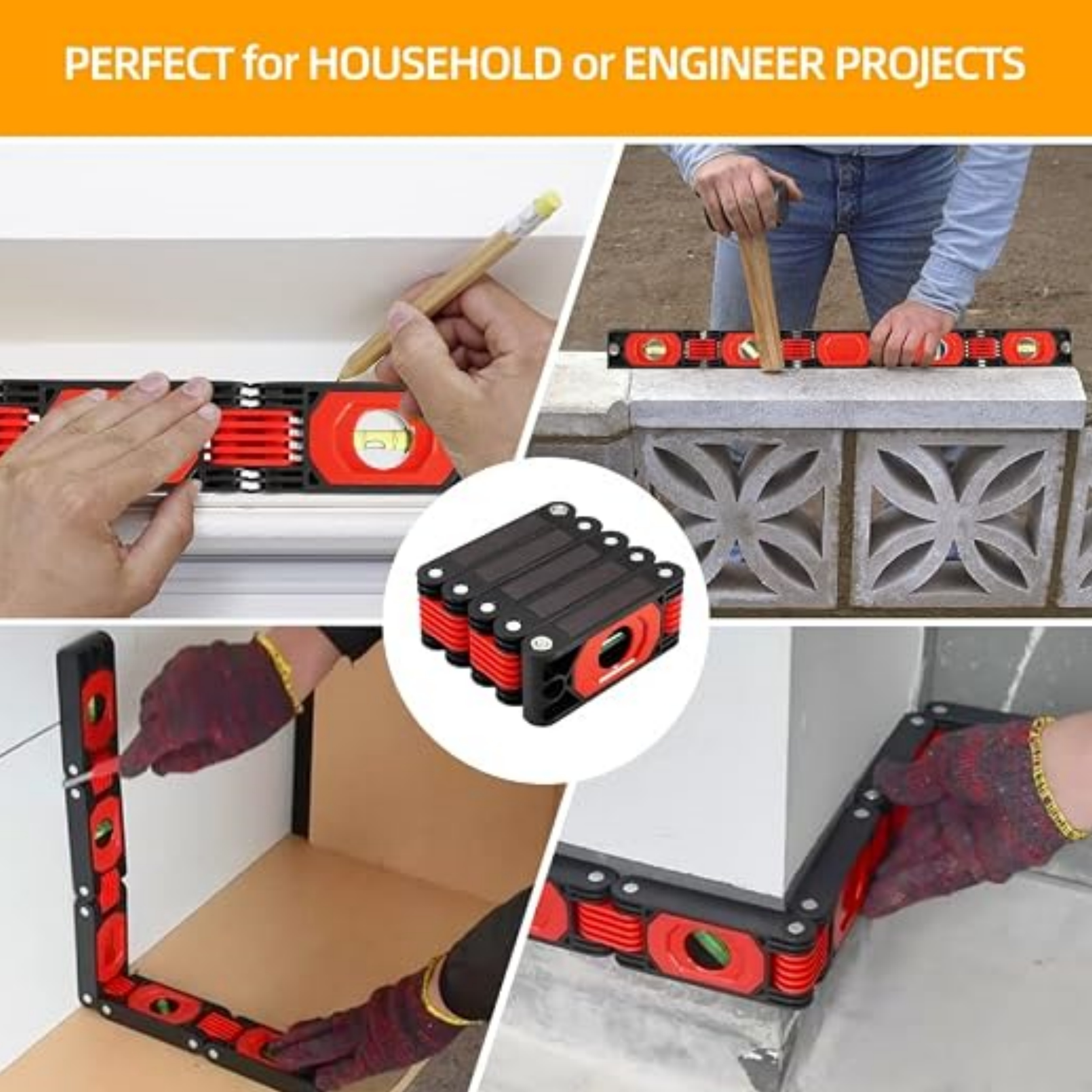 Foldable multi-angle magnetic level – 28 inches, 4 bubble levels, strong magnetic attachment