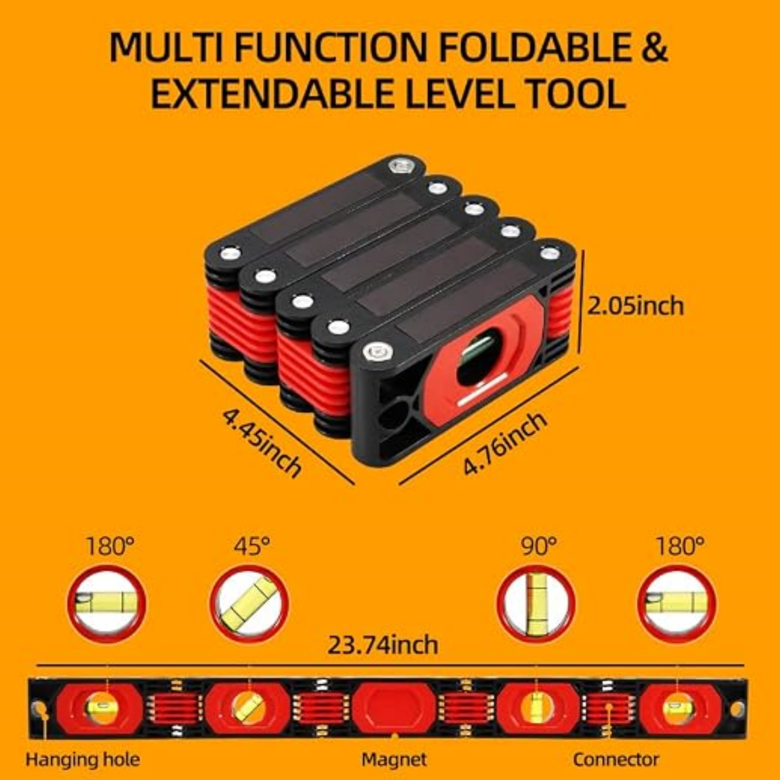 Foldable multi-angle magnetic level – 28 inches, 4 bubble levels, strong magnetic attachment