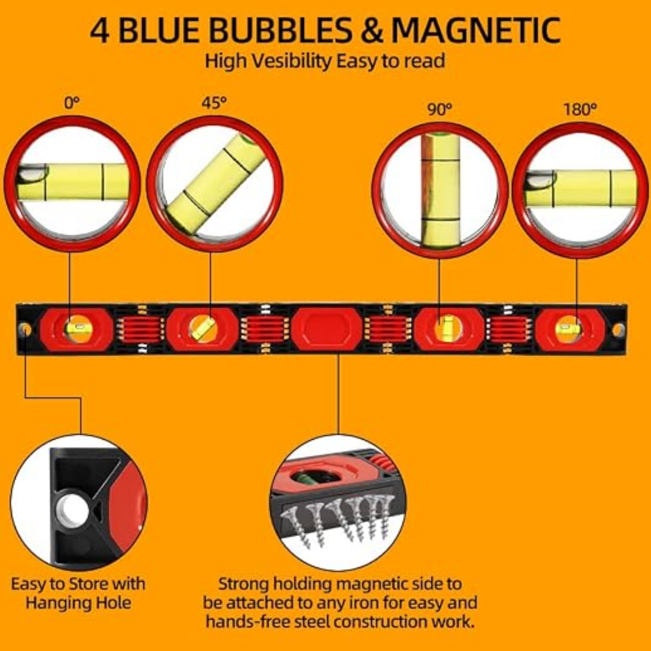 Foldable multi-angle magnetic level – 28 inches, 4 bubble levels, strong magnetic attachment