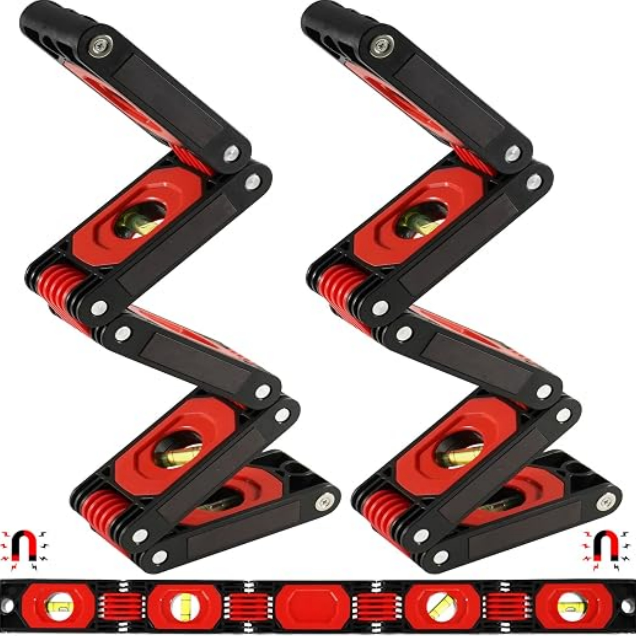Foldable multi-angle magnetic level – 28 inches, 4 bubble levels, strong magnetic attachment
