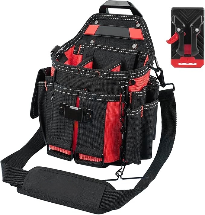 Professional Electrician Tool Pouch – 18 Pockets, Quick-Release Belt Clip, Shoulder Strap