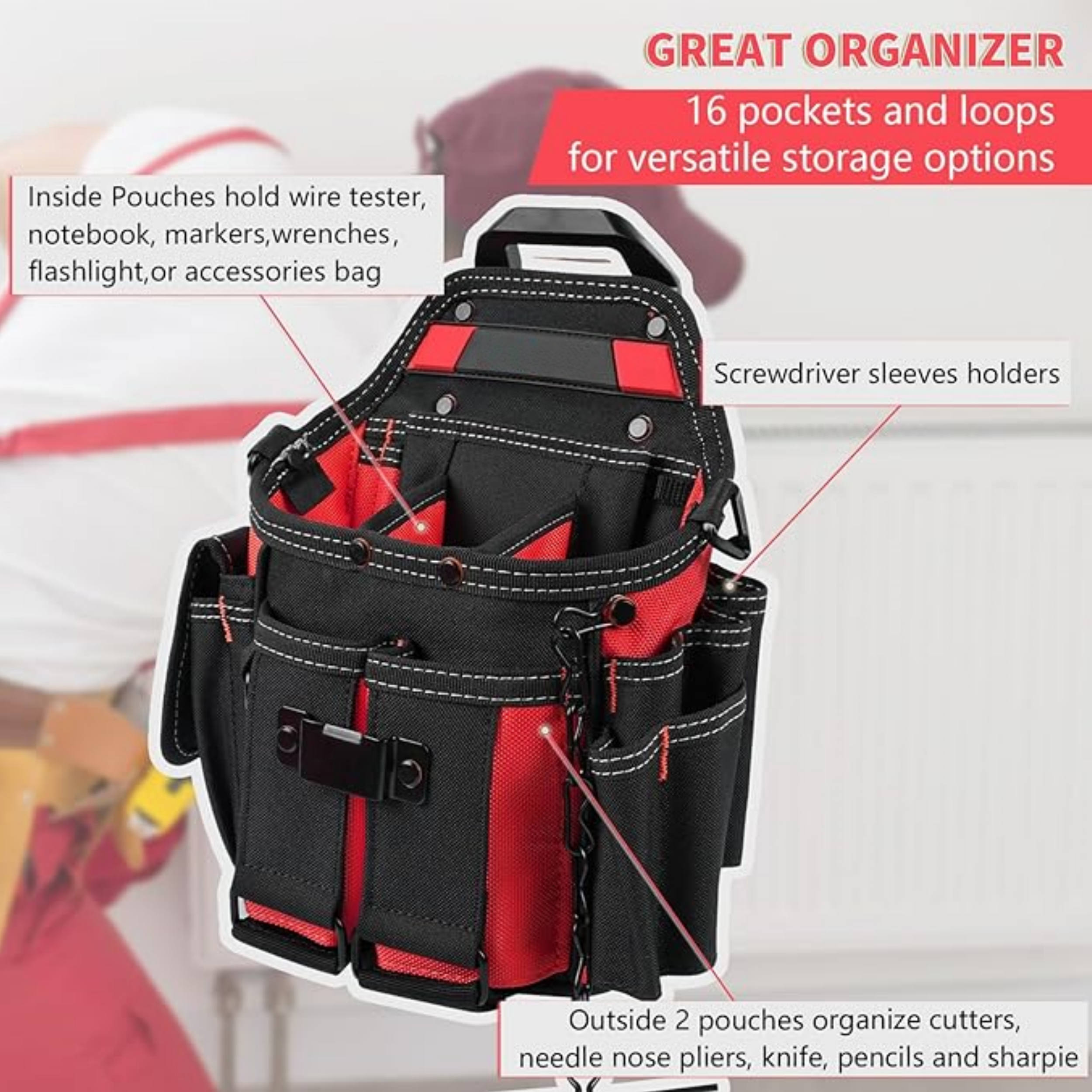 Professional Electrician Tool Pouch – 18 Pockets, Quick-Release Belt Clip, Shoulder Strap